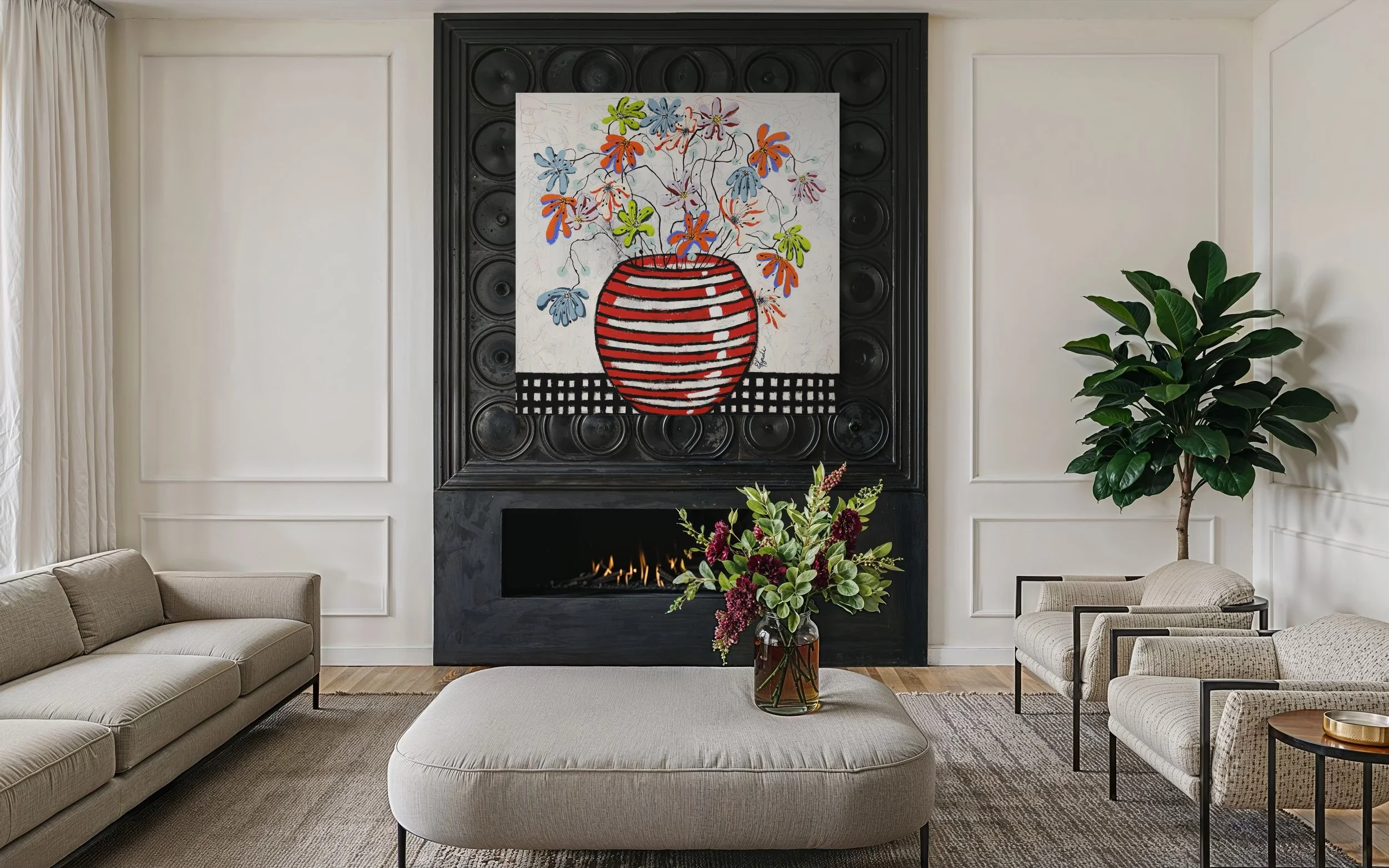 Large colorful floral abstract expressionism style painting by Elizabeth Azadi, expressive abstractions style, displayed in a modern white living room with a fireplace and modern furniture.