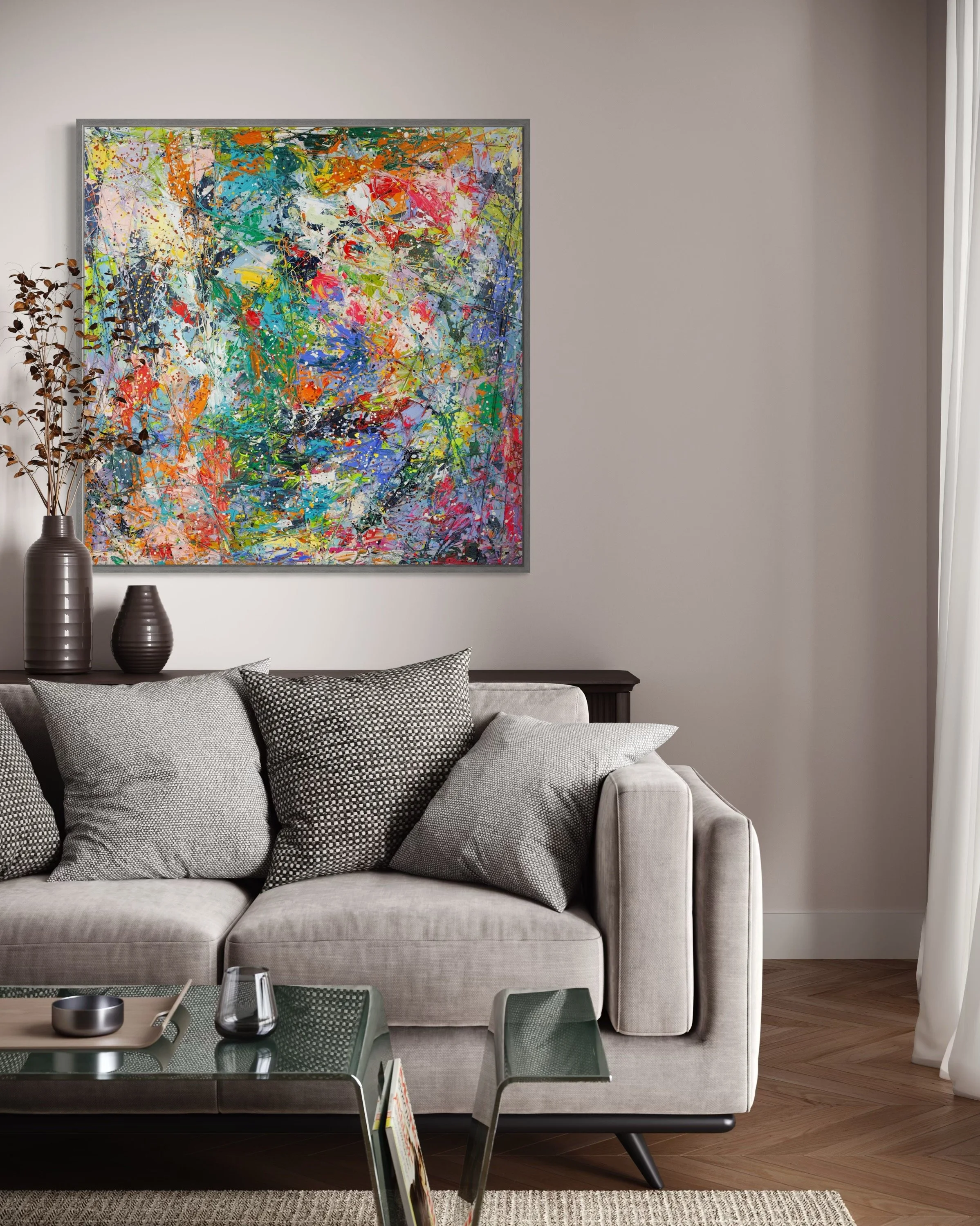 Large colorful abstract expressionism style painting by Elizabeth Azadi, mixed media painting in a white living room with modern furniture.