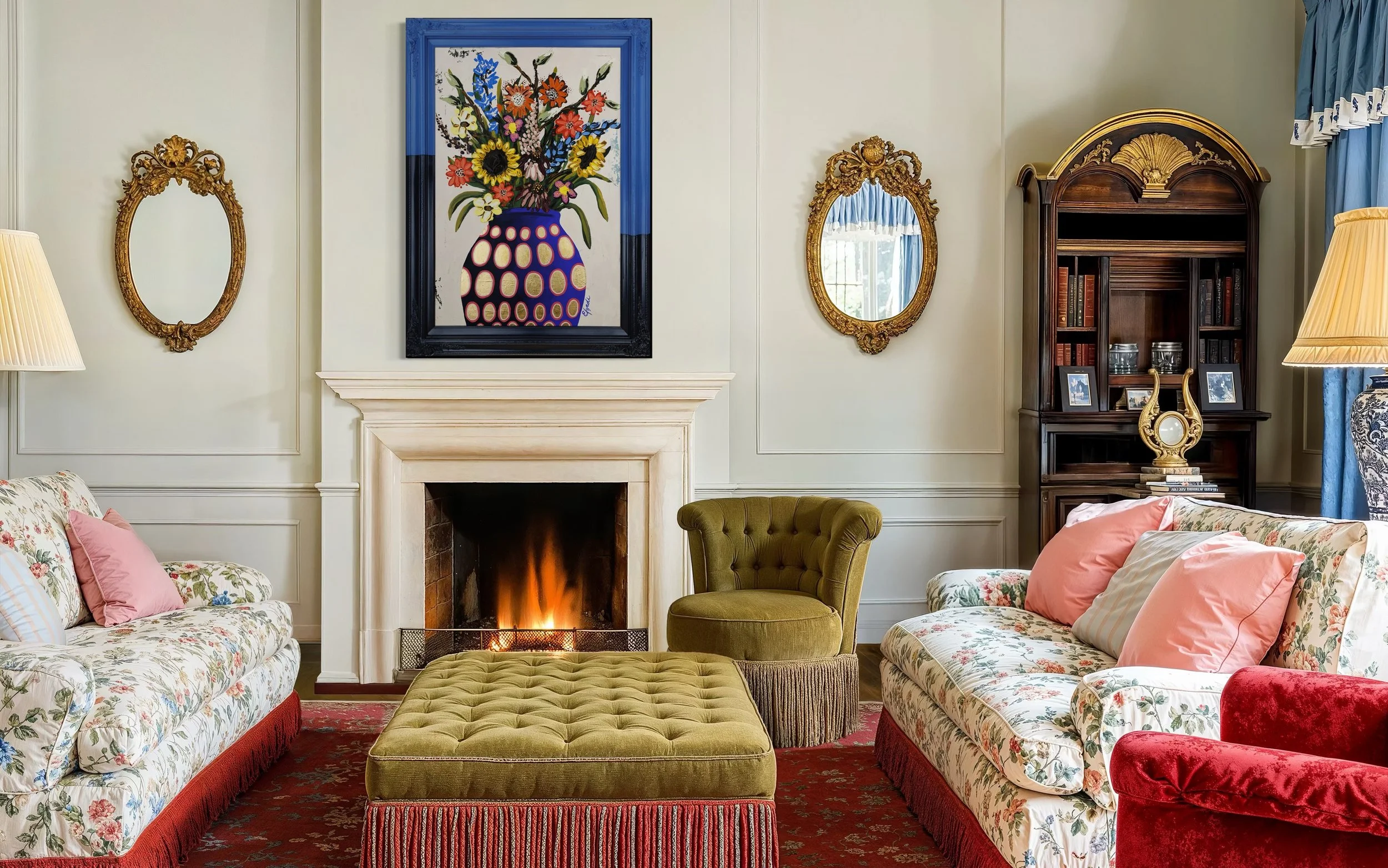 Large colorful floral abstract expressionism style painting by Elizabeth Azadi, expressive abstractions style, displayed in a classic white living room with traditional style furnishings with pops of colors.