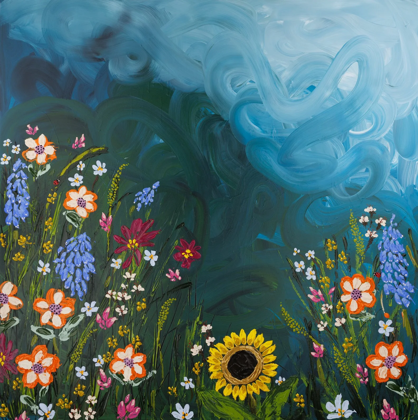 Large colorful floral abstract expressionism style painting by Elizabeth Azadi, expressive abstractions style with an ethereal feel