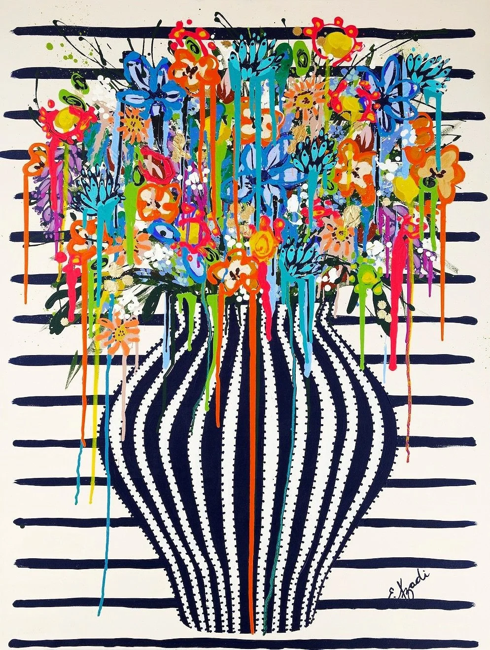 Large colorful floral abstract expressionism style painting by Elizabeth Azadi, with a navy blue and white striped vase and drippy flowers