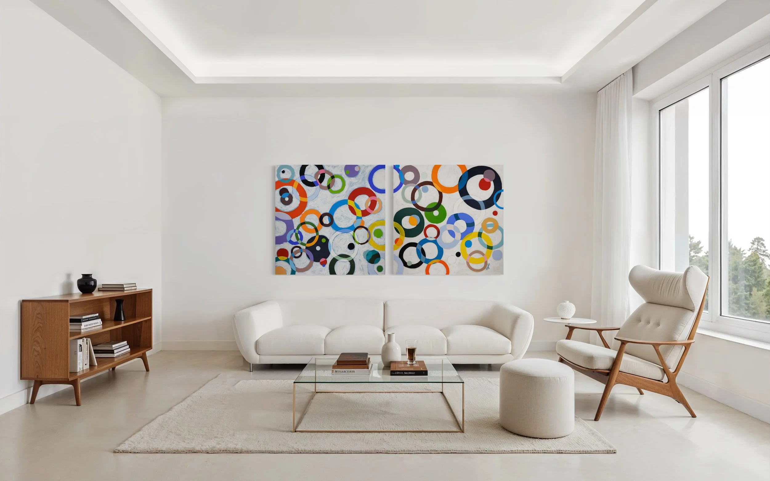 Large colorful abstract painting by Elizabeth Azadi, expressive abstractions style, displayed in a modern white living room.