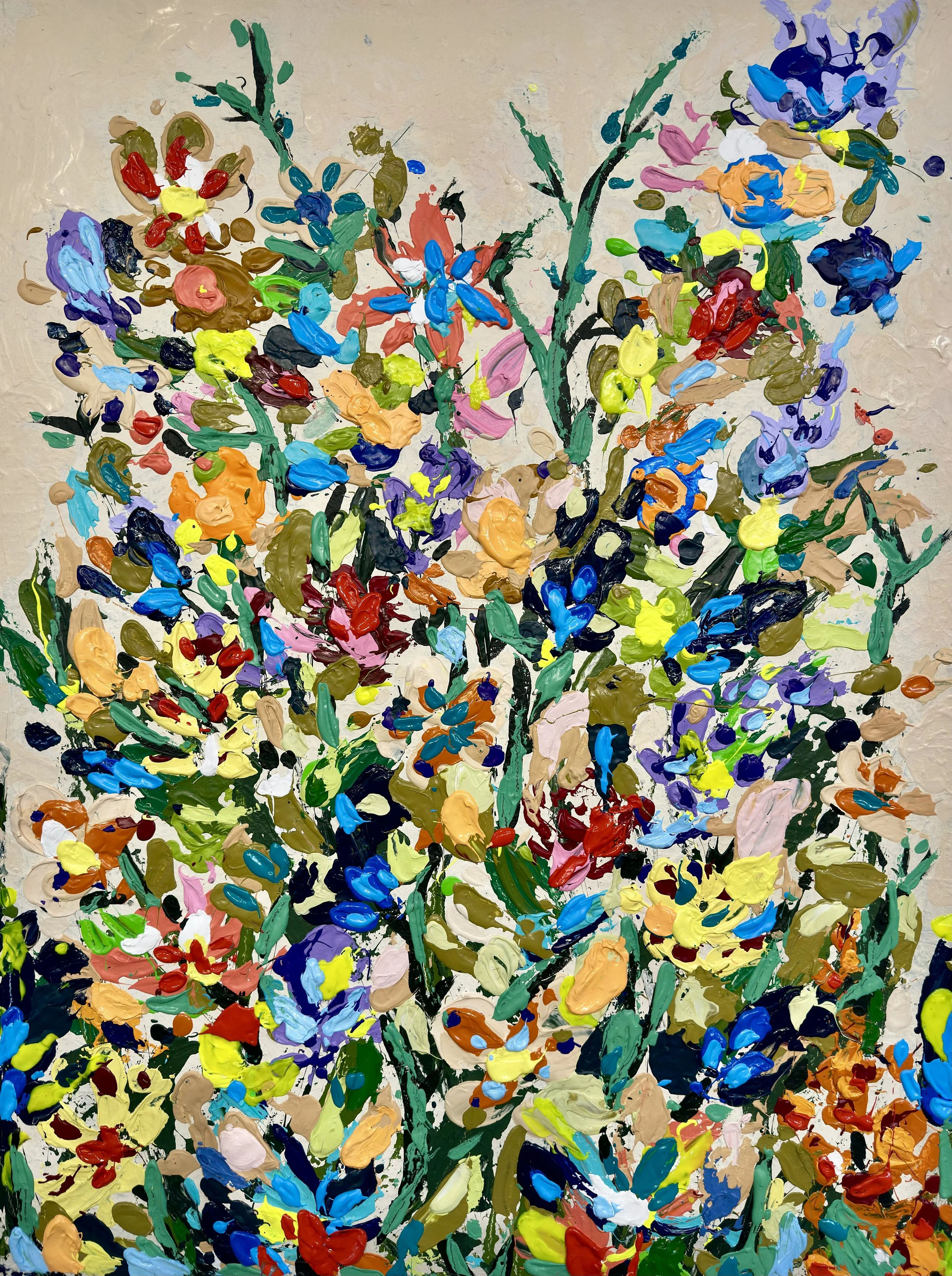 Large colorful floral abstract expressionism style painting with by Elizabeth Azadi, with a colorful wildflower arrangement