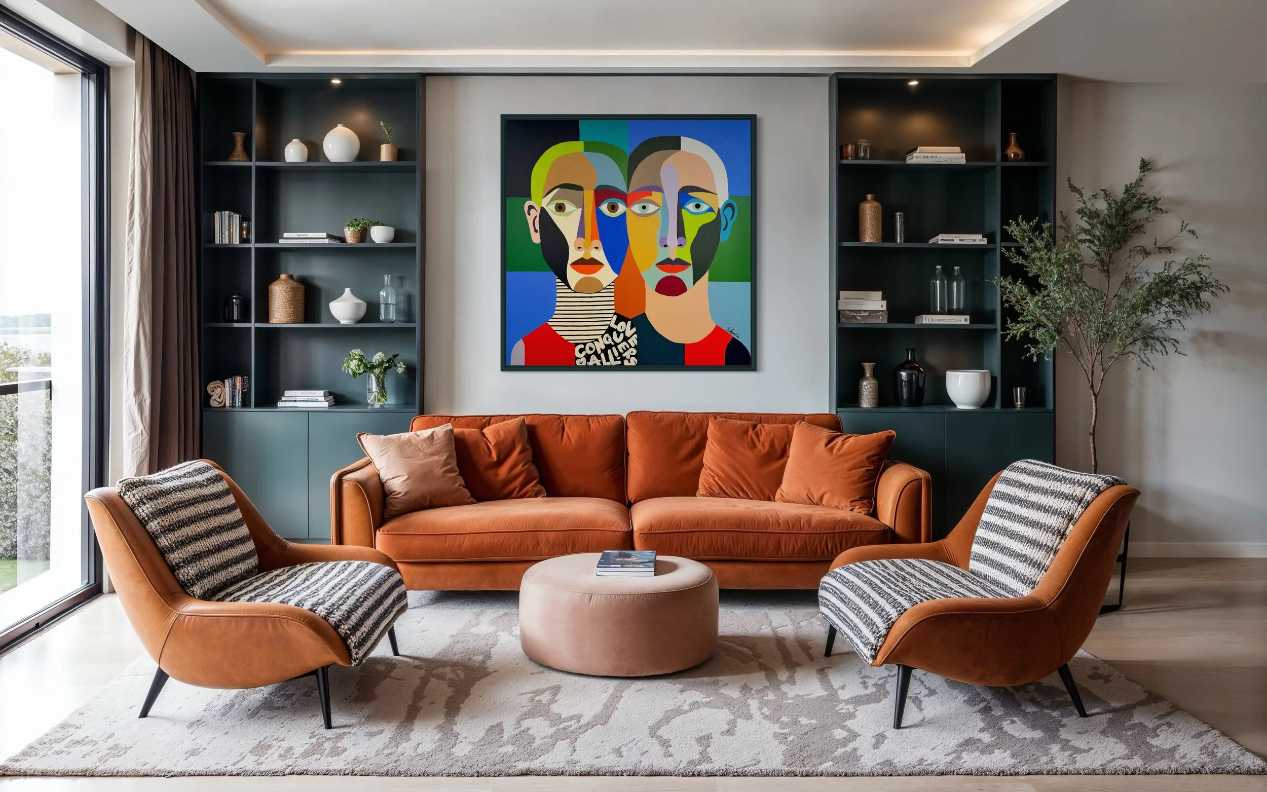 Modern colorful custom portrait painting by Elizabeth Azadi, pop art style in a white modern dining room