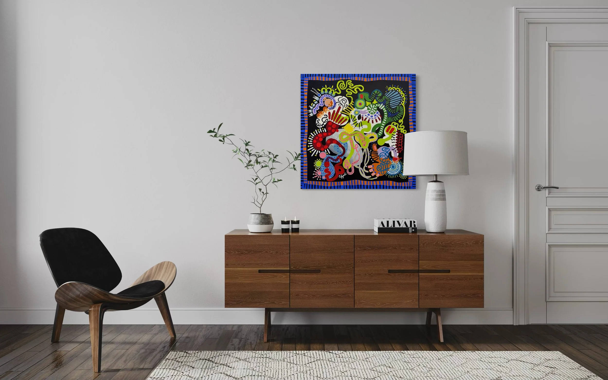 Large colorful abstract expressionism style painting by Elizabeth Azadi, expressive abstractions style, displayed in a modern white living room with a mid-century style furniture