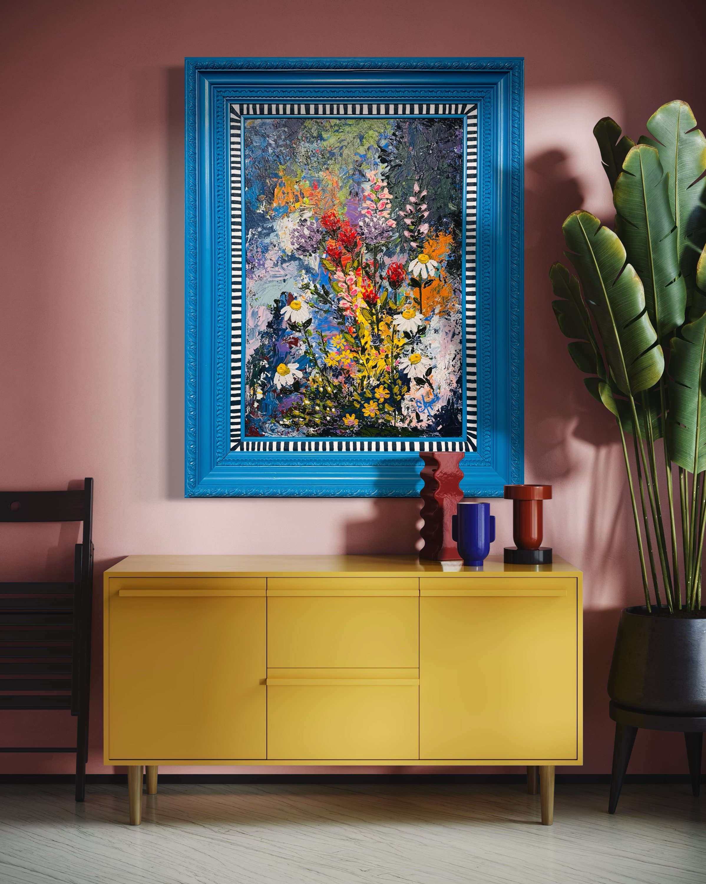 Large colorful floral abstract expressionism style painting by Elizabeth Azadi, expressive abstractions style, displayed in a modern living room with pink walls and modern furnishings