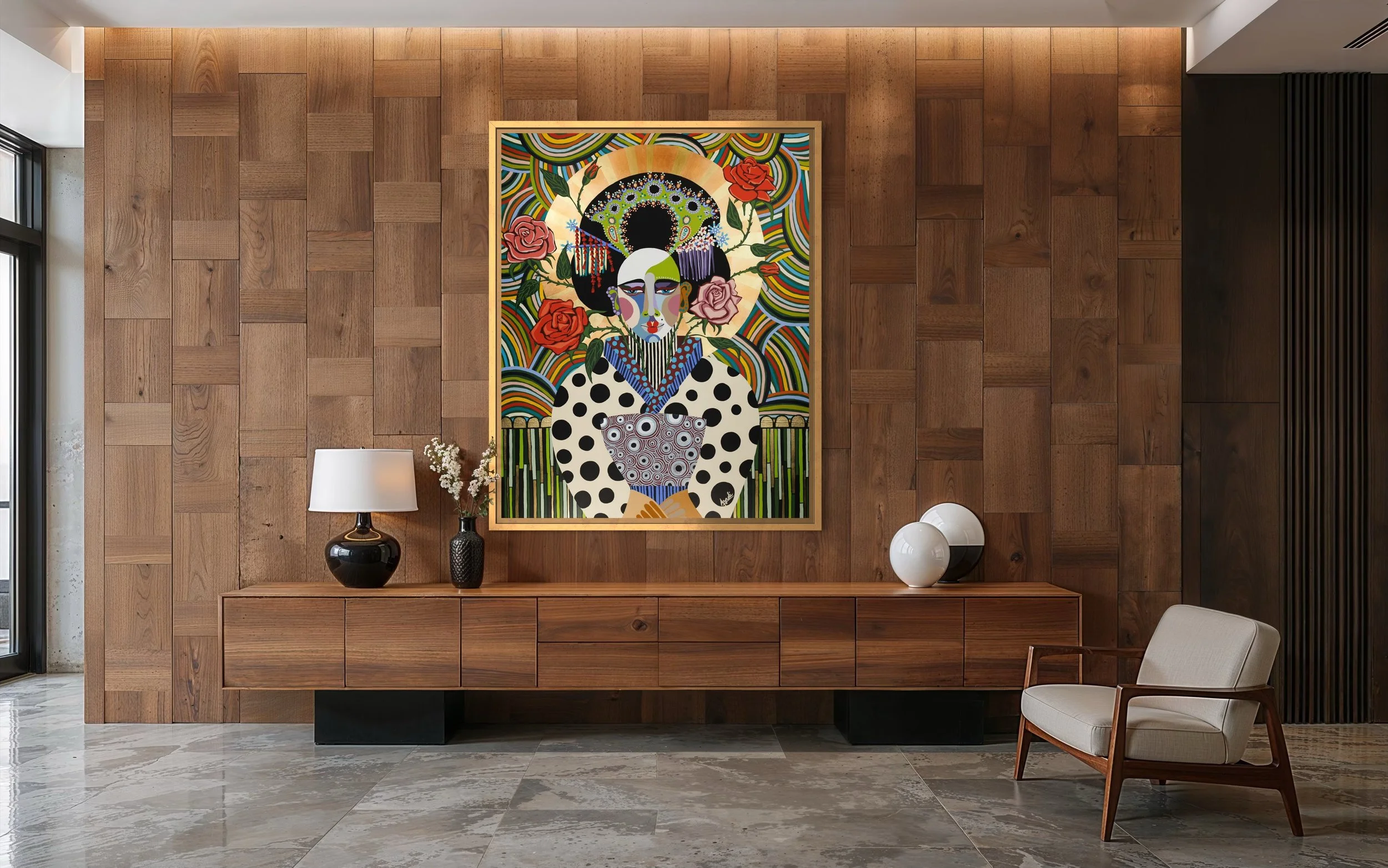 Large colorful figurative pop art style painting by Elizabeth Azadi, expressive abstractions style, displayed in a modern living room with mid century style furnishings..