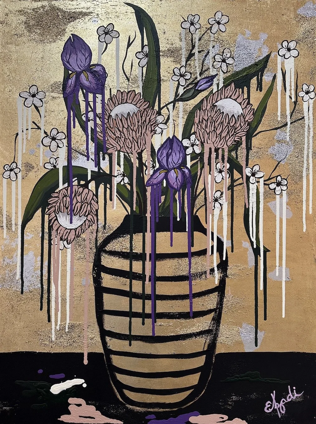 Large colorful floral abstract expressionism style painting with gold foil by Elizabeth Azadi, with a black striped vase and drippy flowers