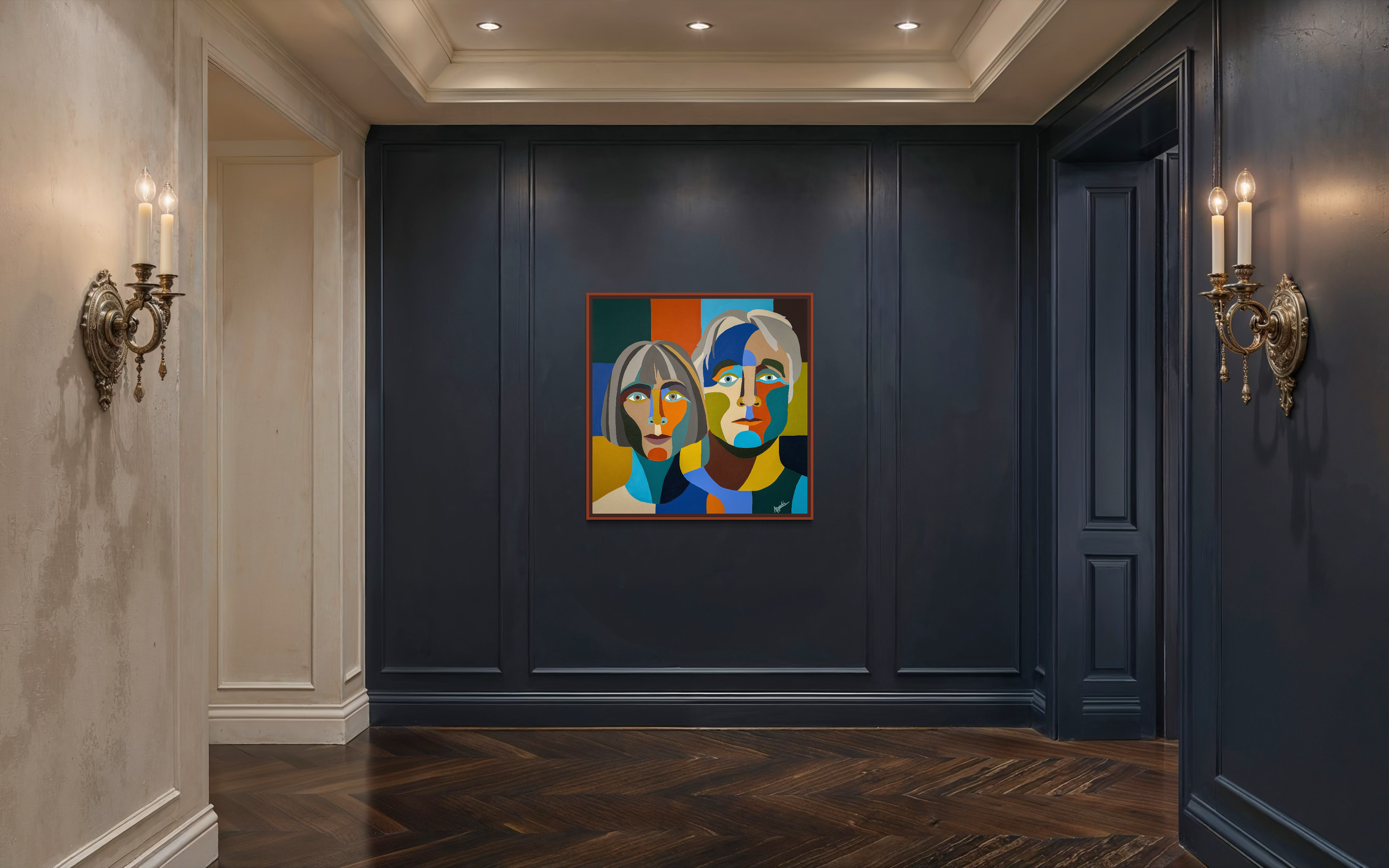 Modern colorful custom portrait painting by Elizabeth Azadi, pop art style in a modern Navy Blue Hallway with wood paneling and architectural sconces