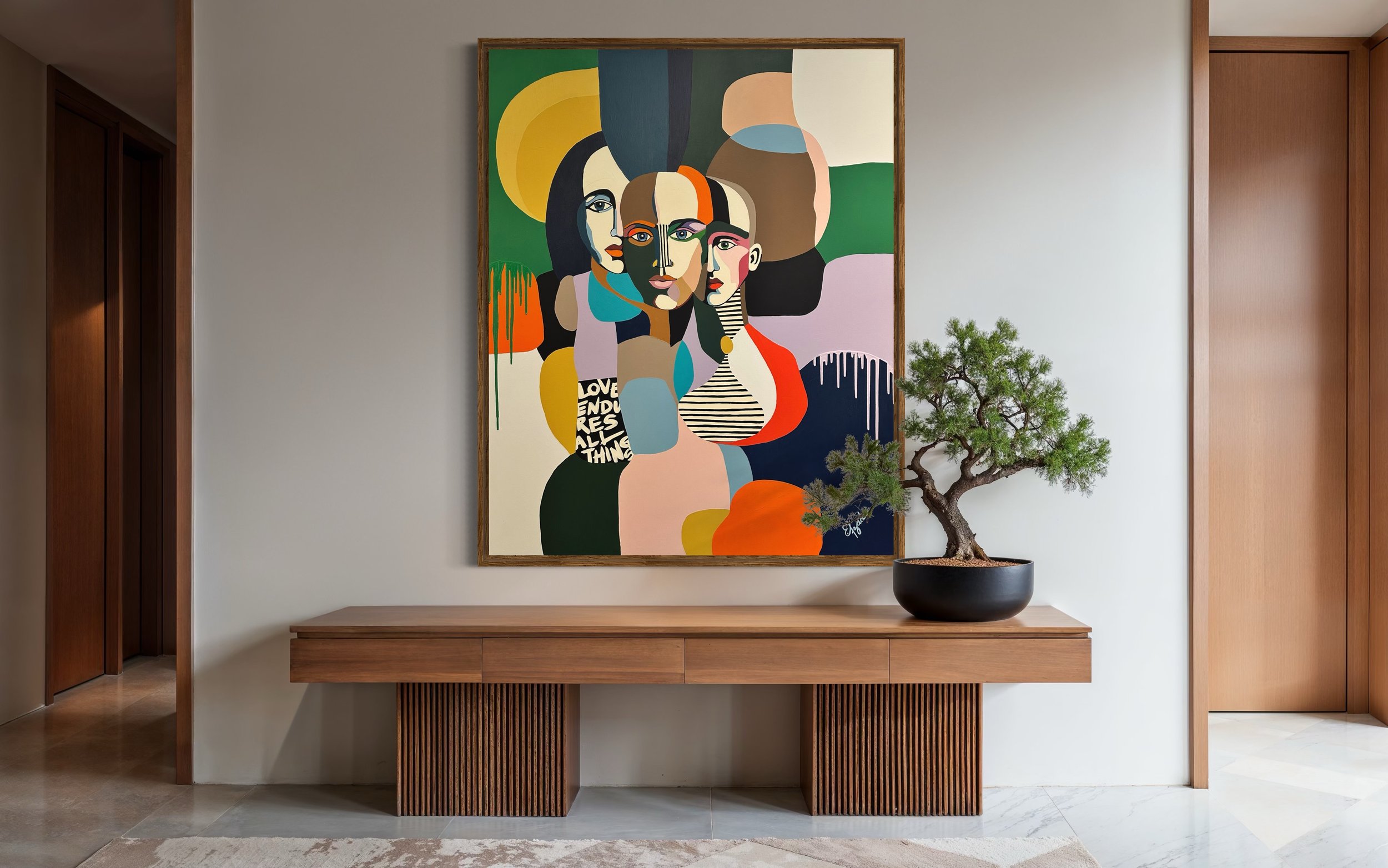 Modern colorful figurative pop art style painting by Elizabeth Azadi, pop art style in a white modern hallway with wood paneling and feng shui feel