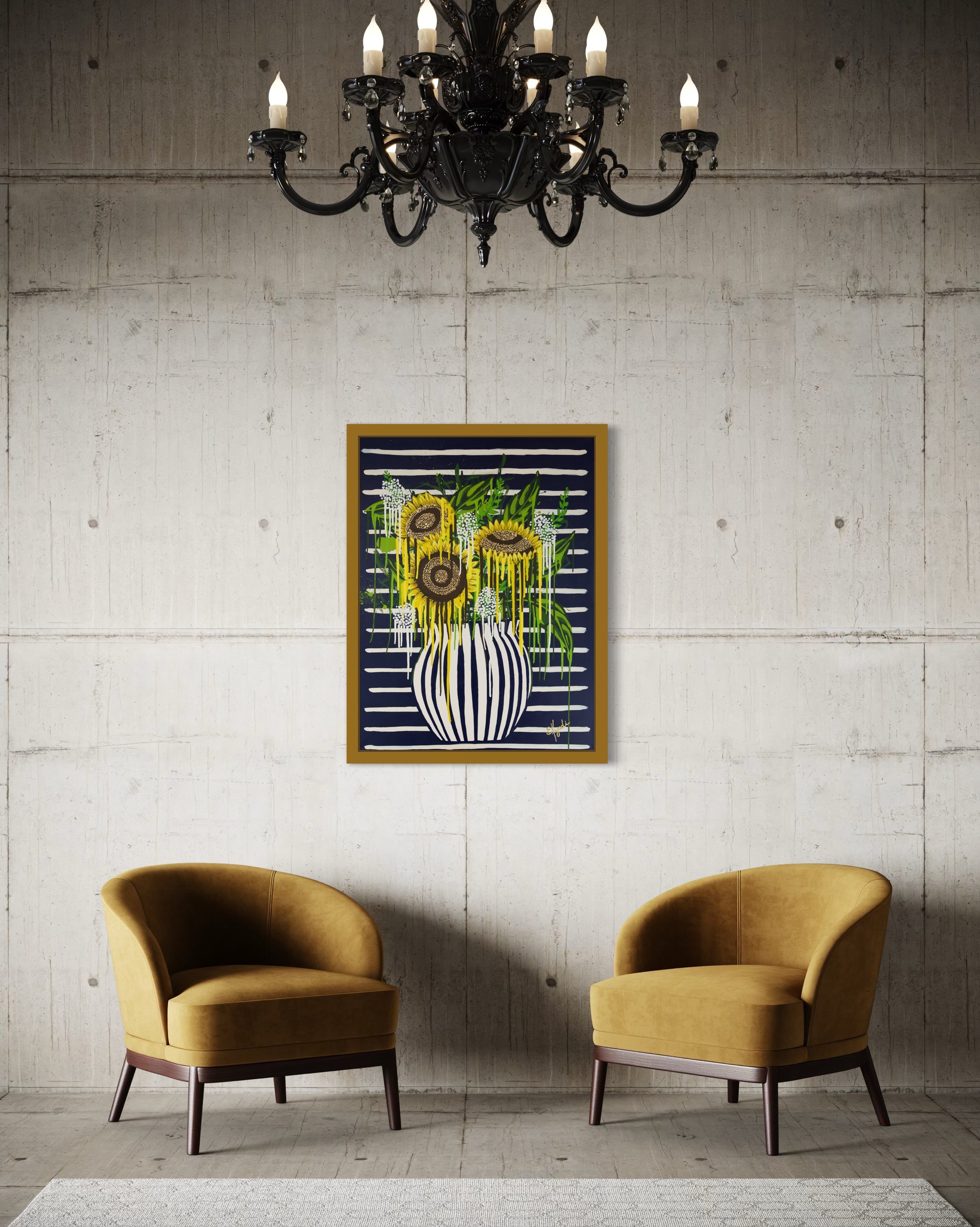 Large colorful floral abstract expressionism style painting by Elizabeth Azadi, with a navy blue and white striped vase and drippy flowers in a living room with concrete walls and a black ornate chandelier