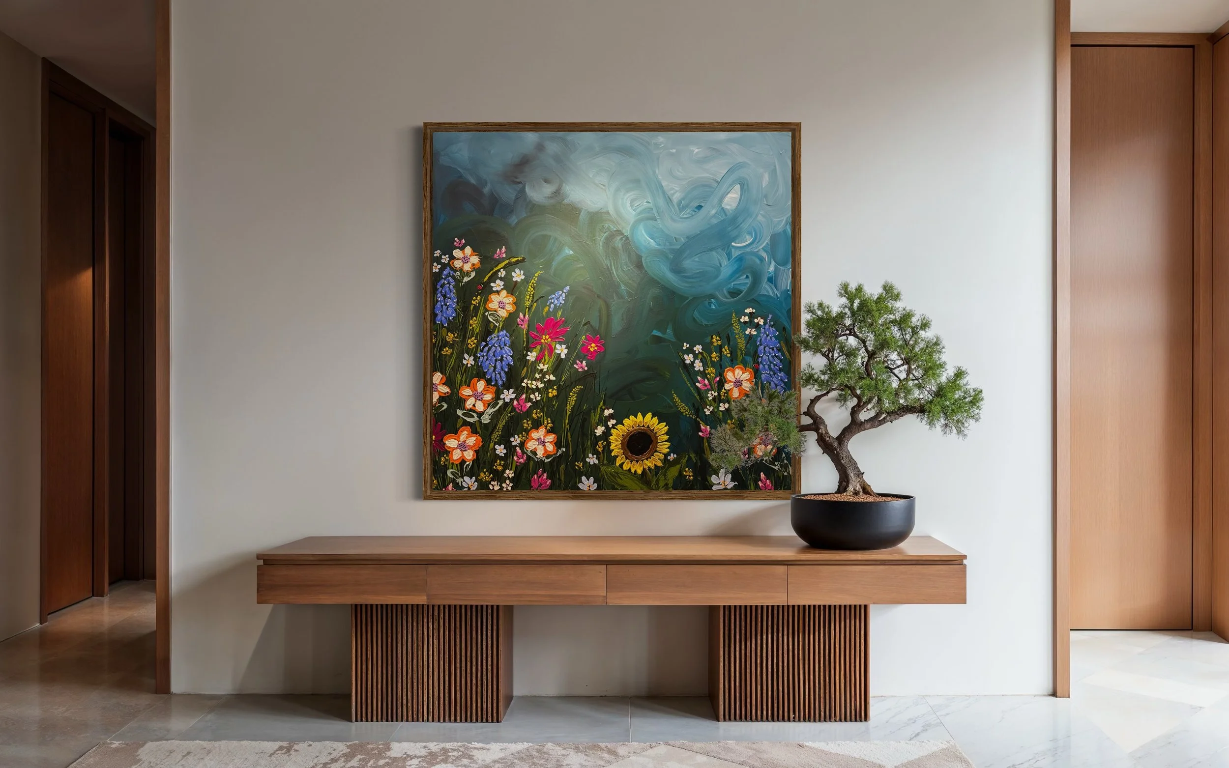 Large colorful floral abstract expressionism style painting by Elizabeth Azadi, expressive abstractions style, displayed in a modern white living room.