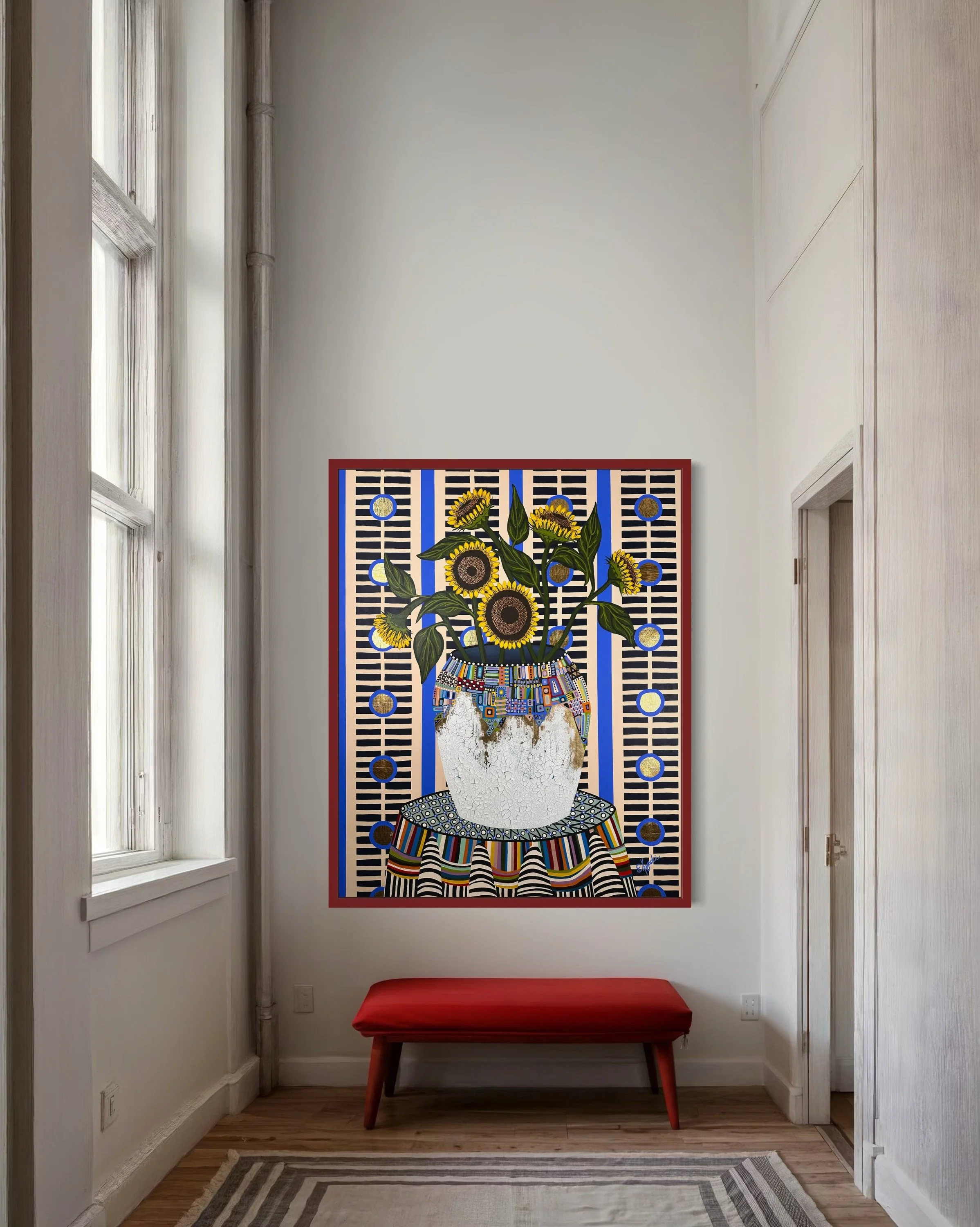 Large colorful floral abstract expressionism style painting with gold foil by Elizabeth Azadi, with a large crackled vase and large sunflowers with a red frame in a white hallway