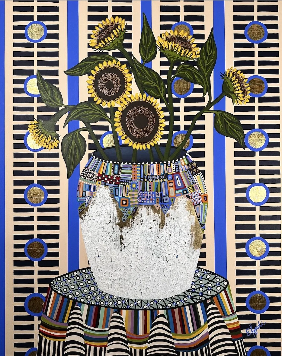 Large colorful floral abstract expressionism style painting with gold foil by Elizabeth Azadi, with a large crackled vase and large sunflowers