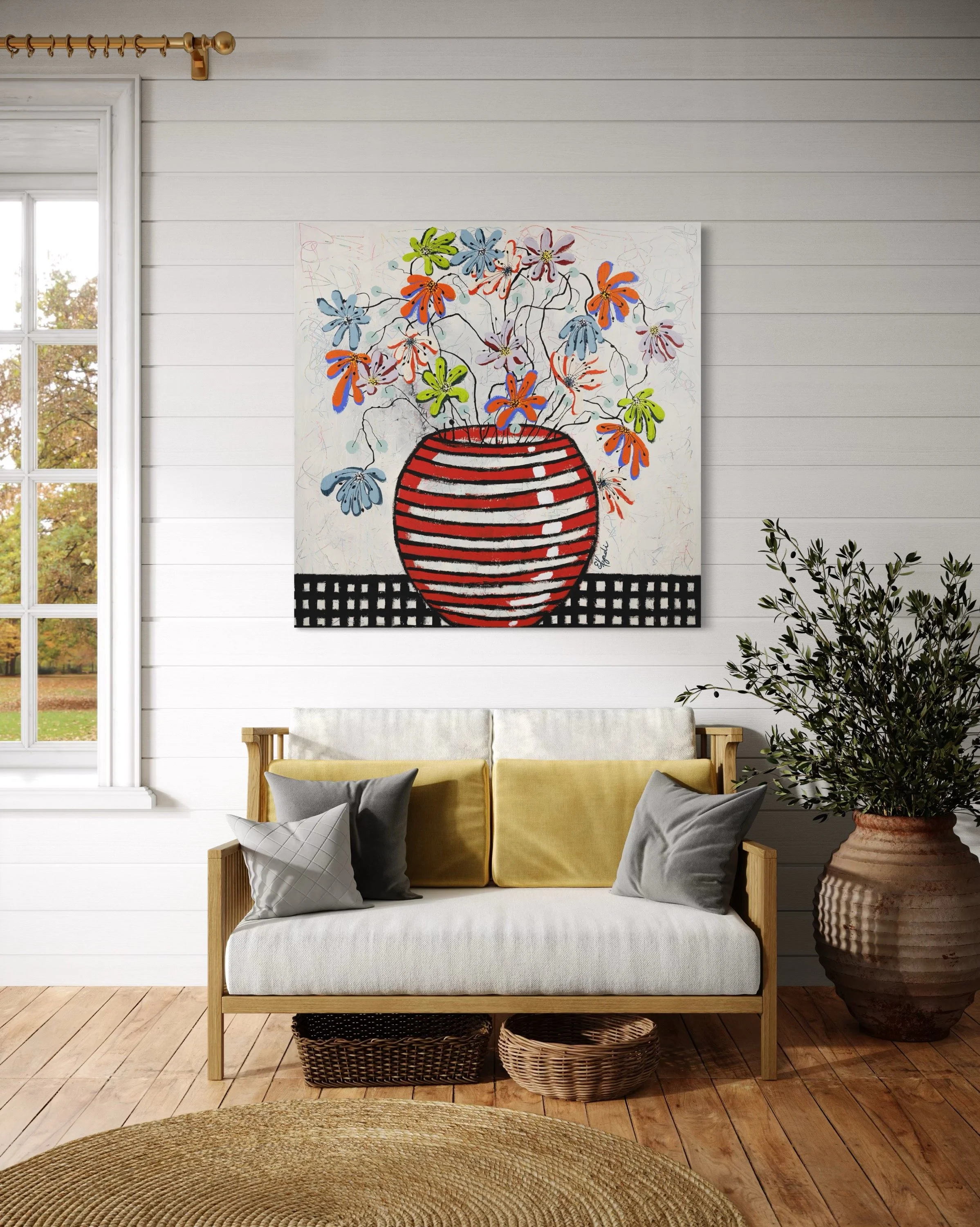Large colorful floral abstract expressionism style painting by Elizabeth Azadi, expressive abstractions style, displayed in a modern white sunroom.