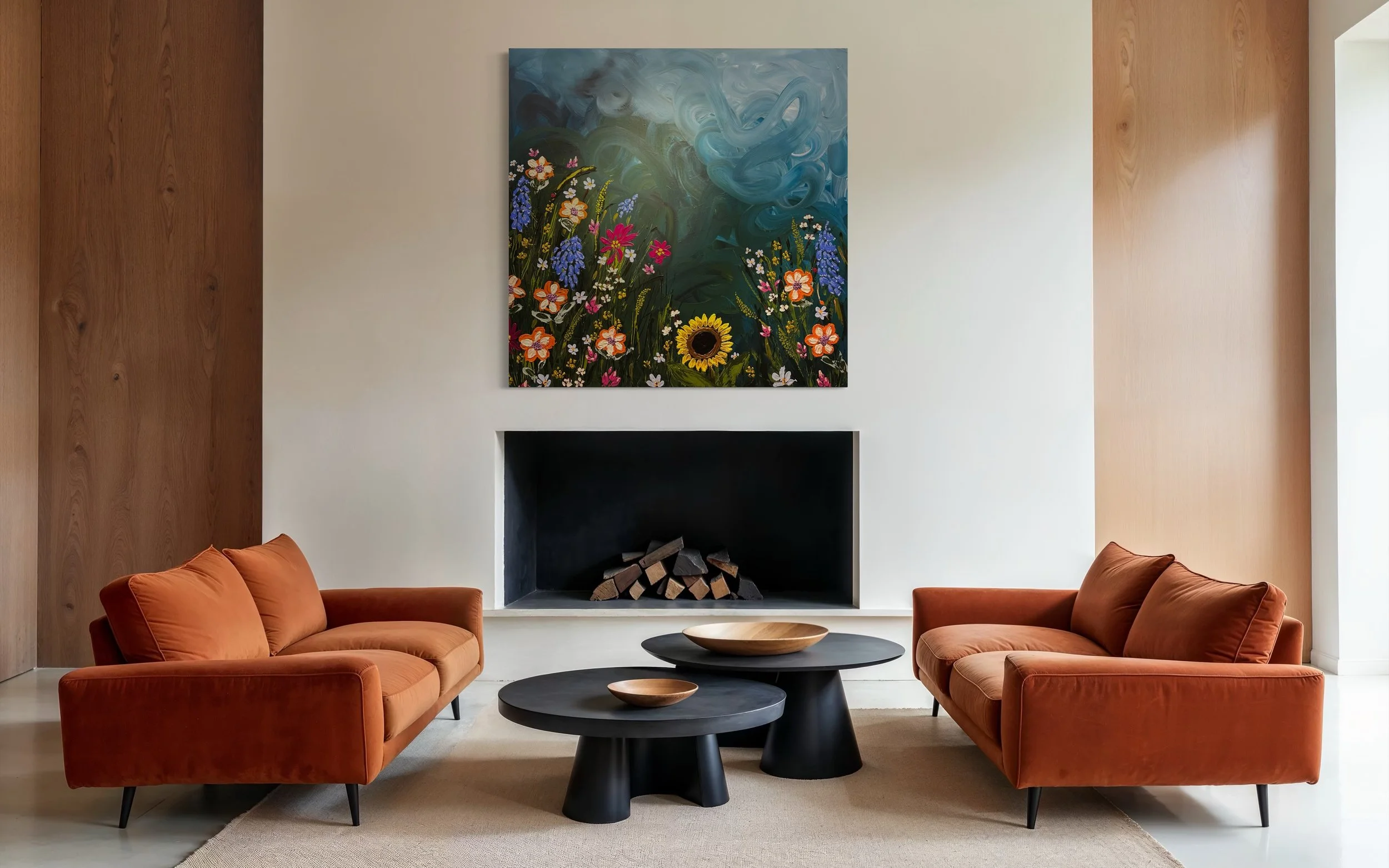 Large colorful floral abstract expressionism style painting by Elizabeth Azadi, expressive abstractions style, displayed in a modern white living room.