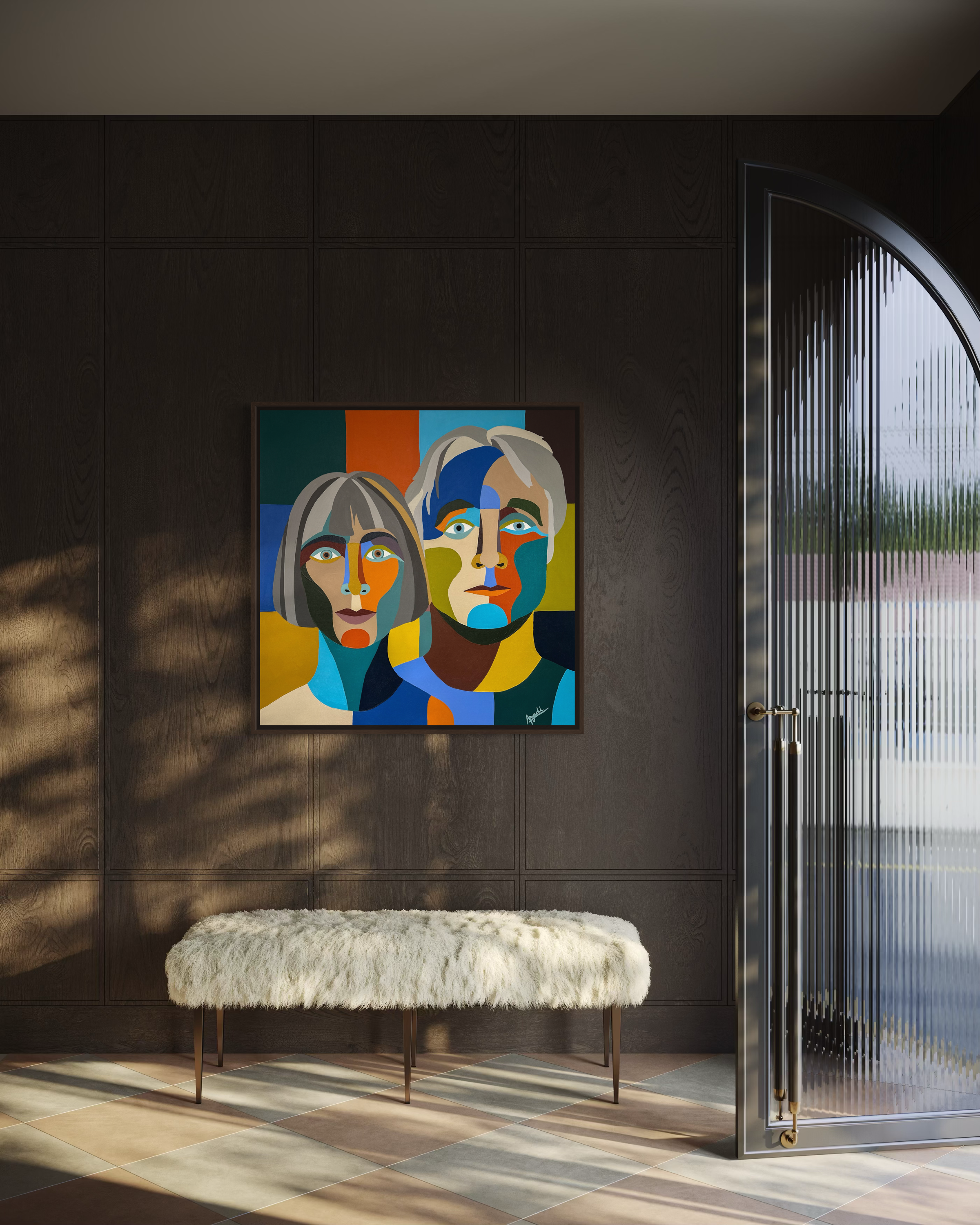 Modern colorful custom portrait painting by Elizabeth Azadi, pop art style in a modern hallway with wood paneling