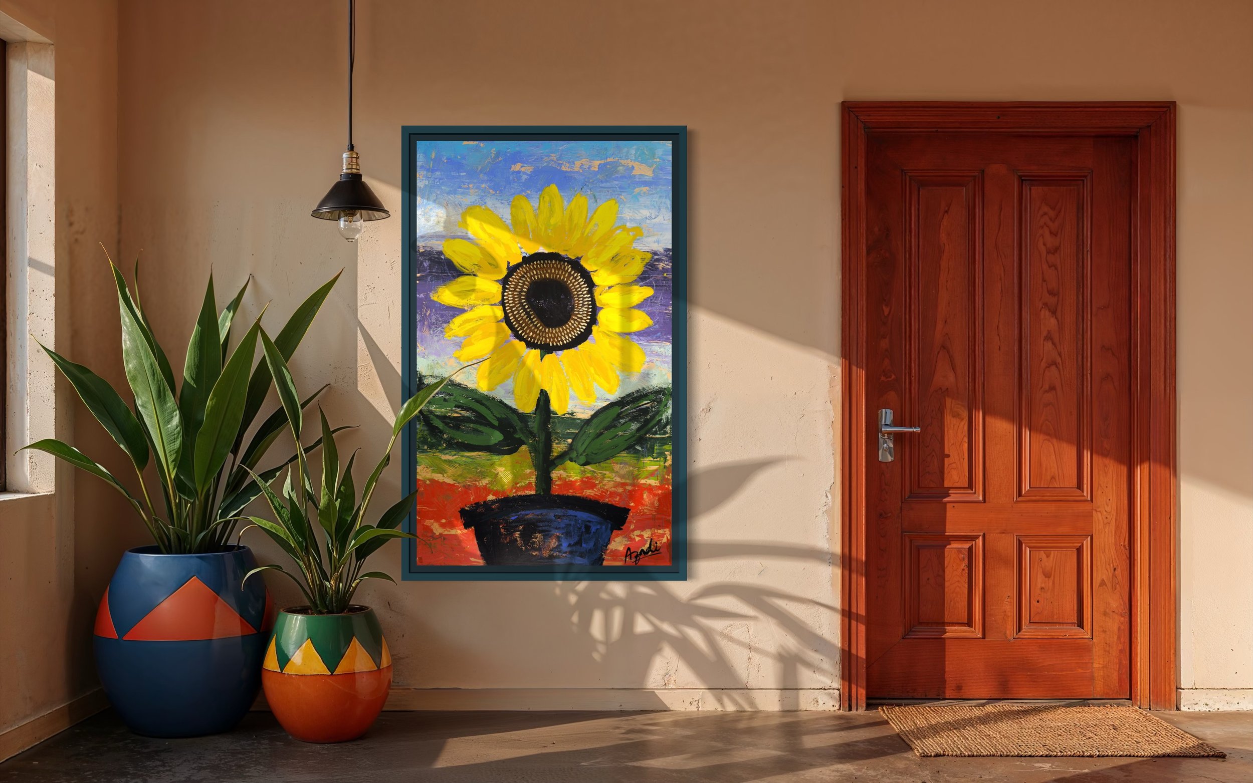 Large colorful floral abstract expressionism style painting by Elizabeth Azadi, expressive abstractions style, displayed in a modern beige stucco foyer.