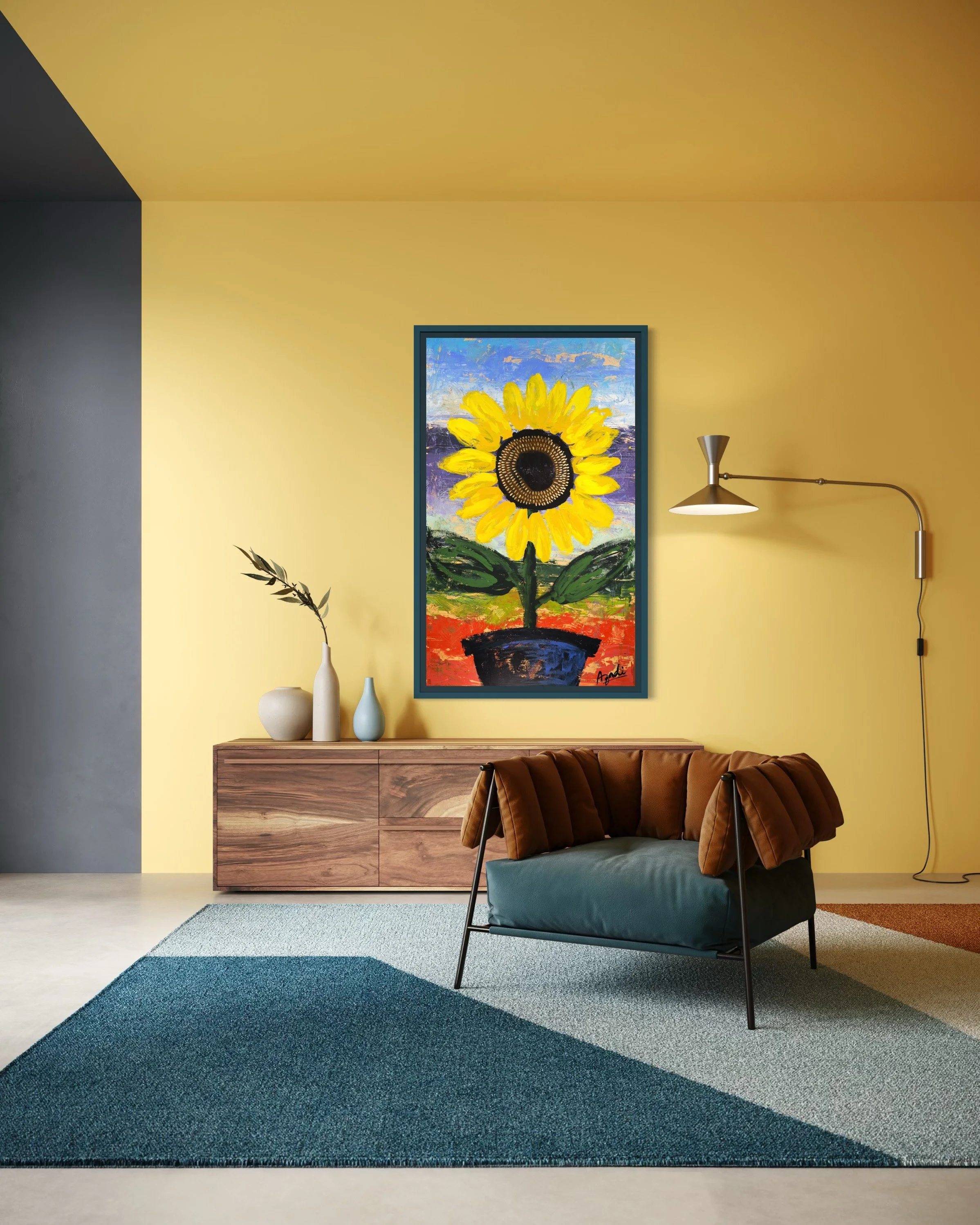 Large colorful floral abstract expressionism style painting by Elizabeth Azadi, expressive abstractions style, displayed in a modern bold yellow living room with modern furnishings.