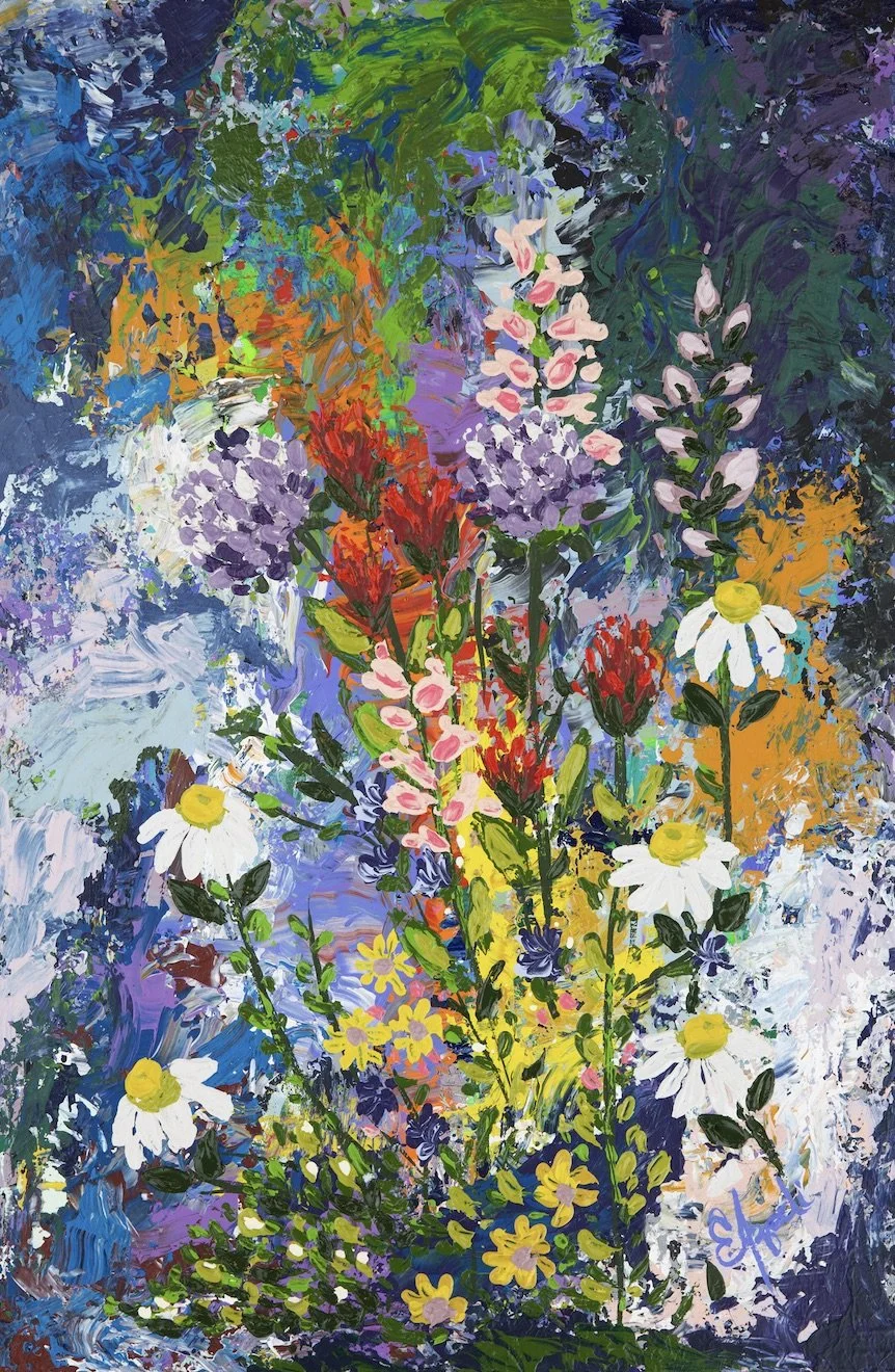 Large colorful floral abstract expressionism style painting by Elizabeth Azadi