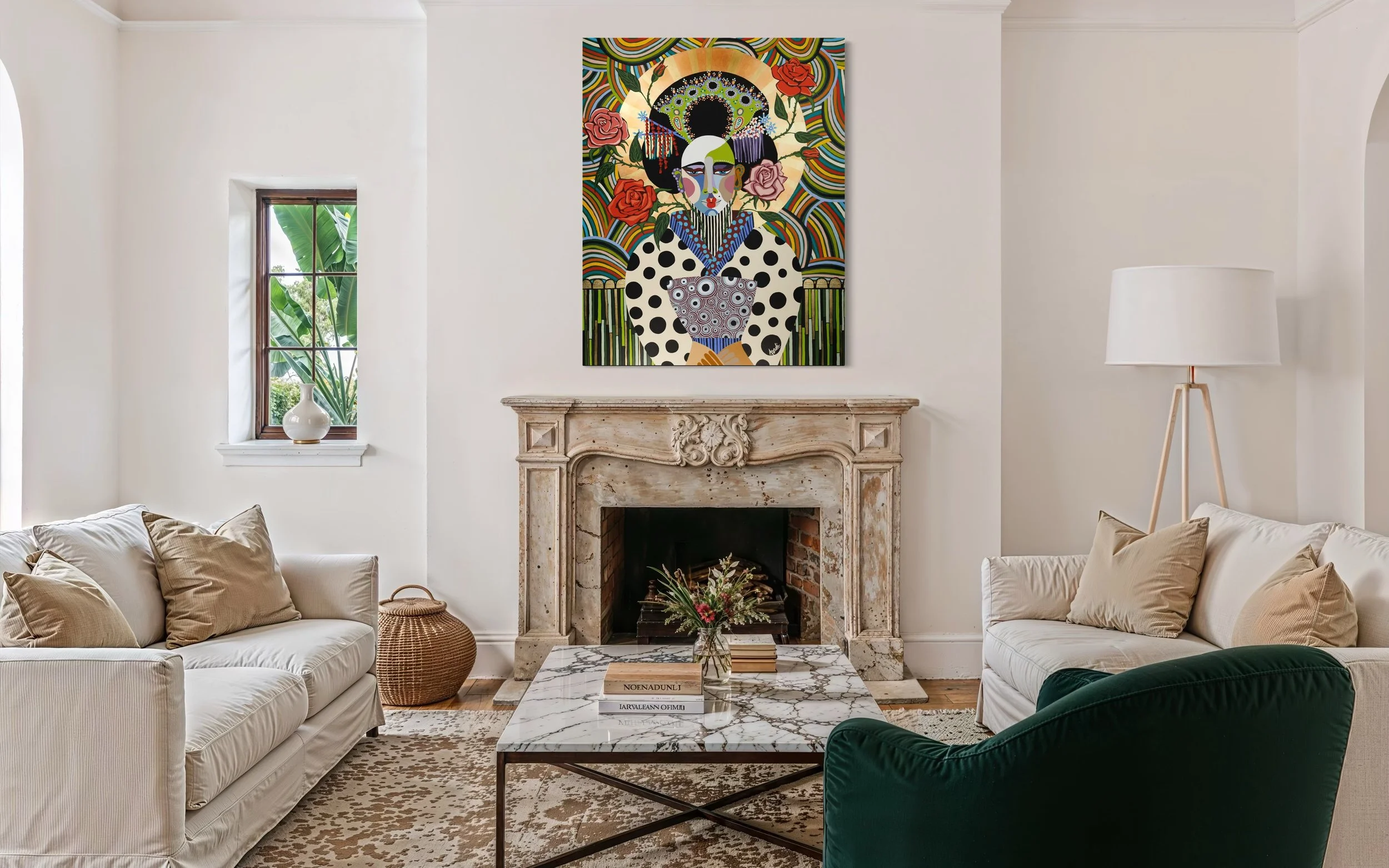 Large colorful figurative pop art style painting by Elizabeth Azadi, expressive abstractions style, displayed in a modern white living room.