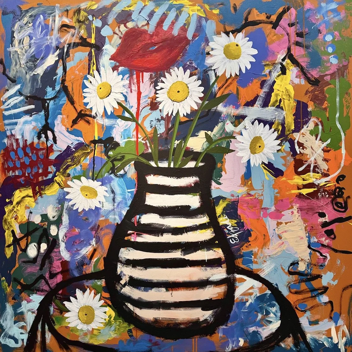 Large colorful floral abstract expressionism style painting by Elizabeth Azadi, expressive abstractions style