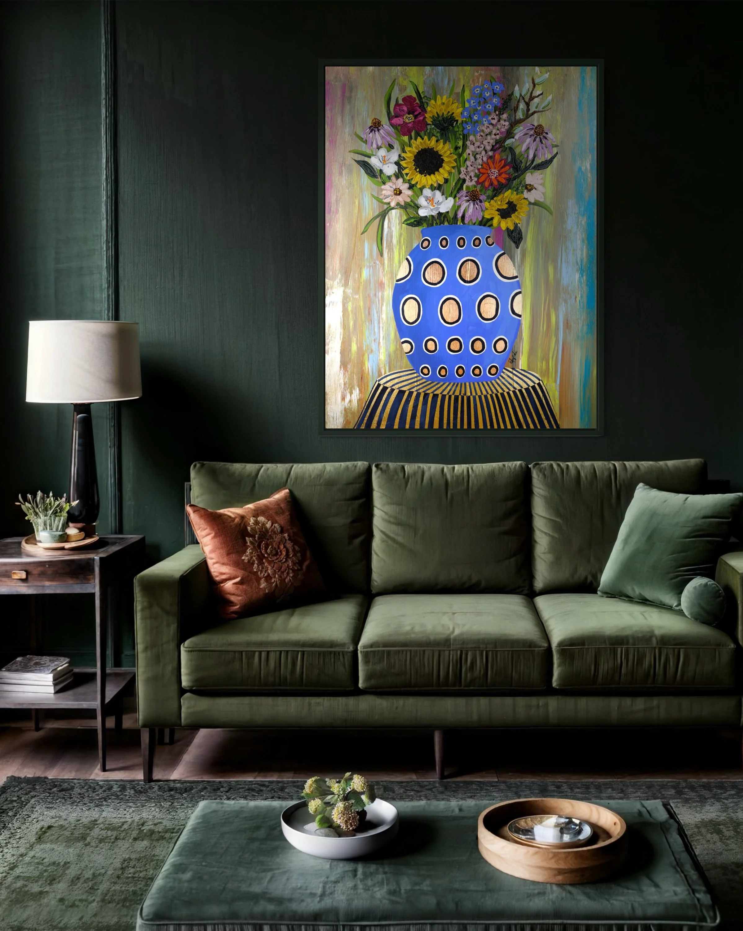 Large colorful floral abstract expressionism style painting by Elizabeth Azadi, expressive abstractions style, displayed in a modern dark green living room.