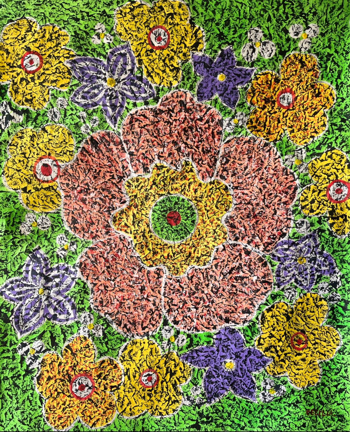 My flower: 32"x35", Acrylic on Hanji.