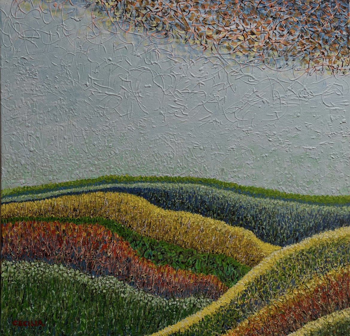 scenery under the sun :20"x20"x3, Mixed media