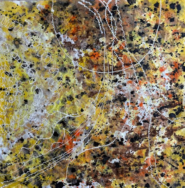 Sun over shallow water: 30"x30", Acrylic with mixed media with Hanji