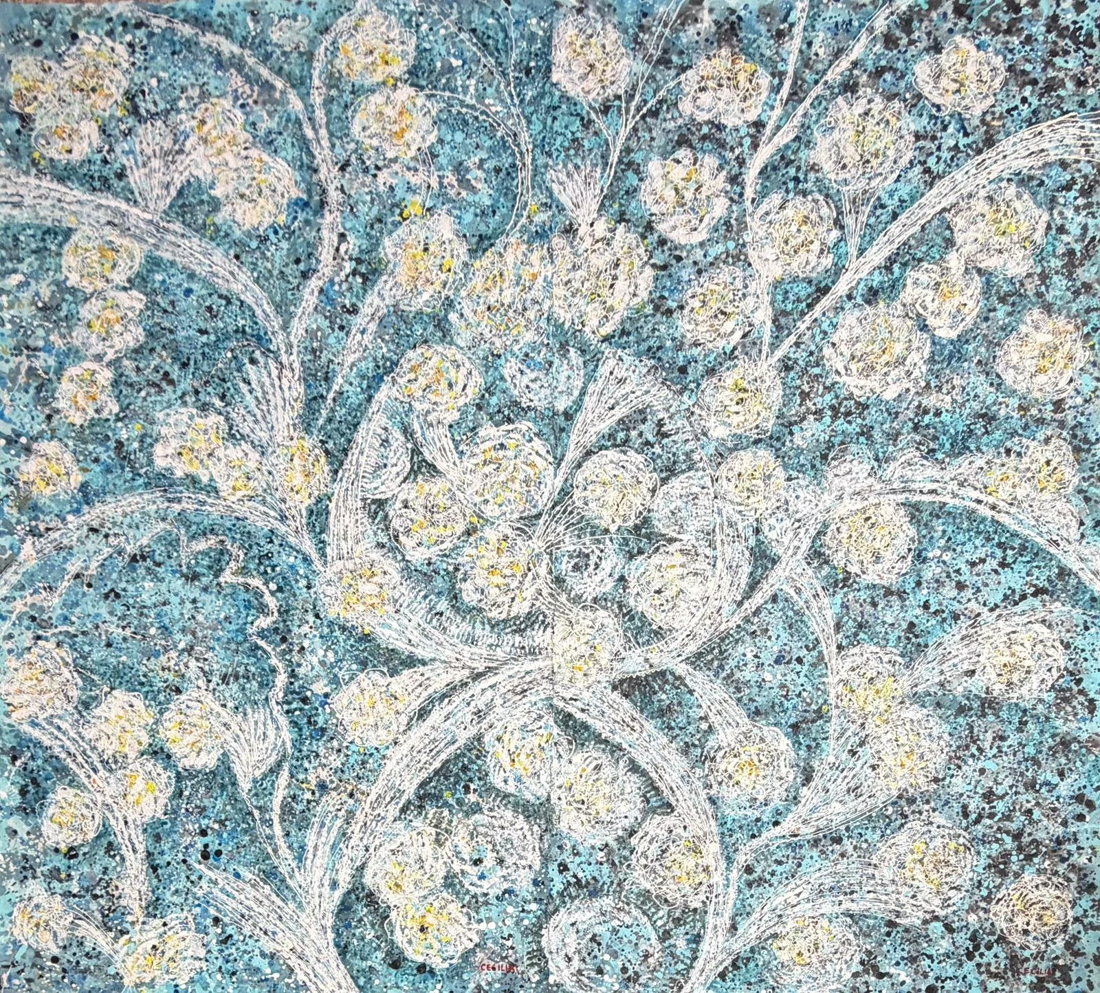 Between the blues:63"x57", Acrylic with mixed media on Hanji