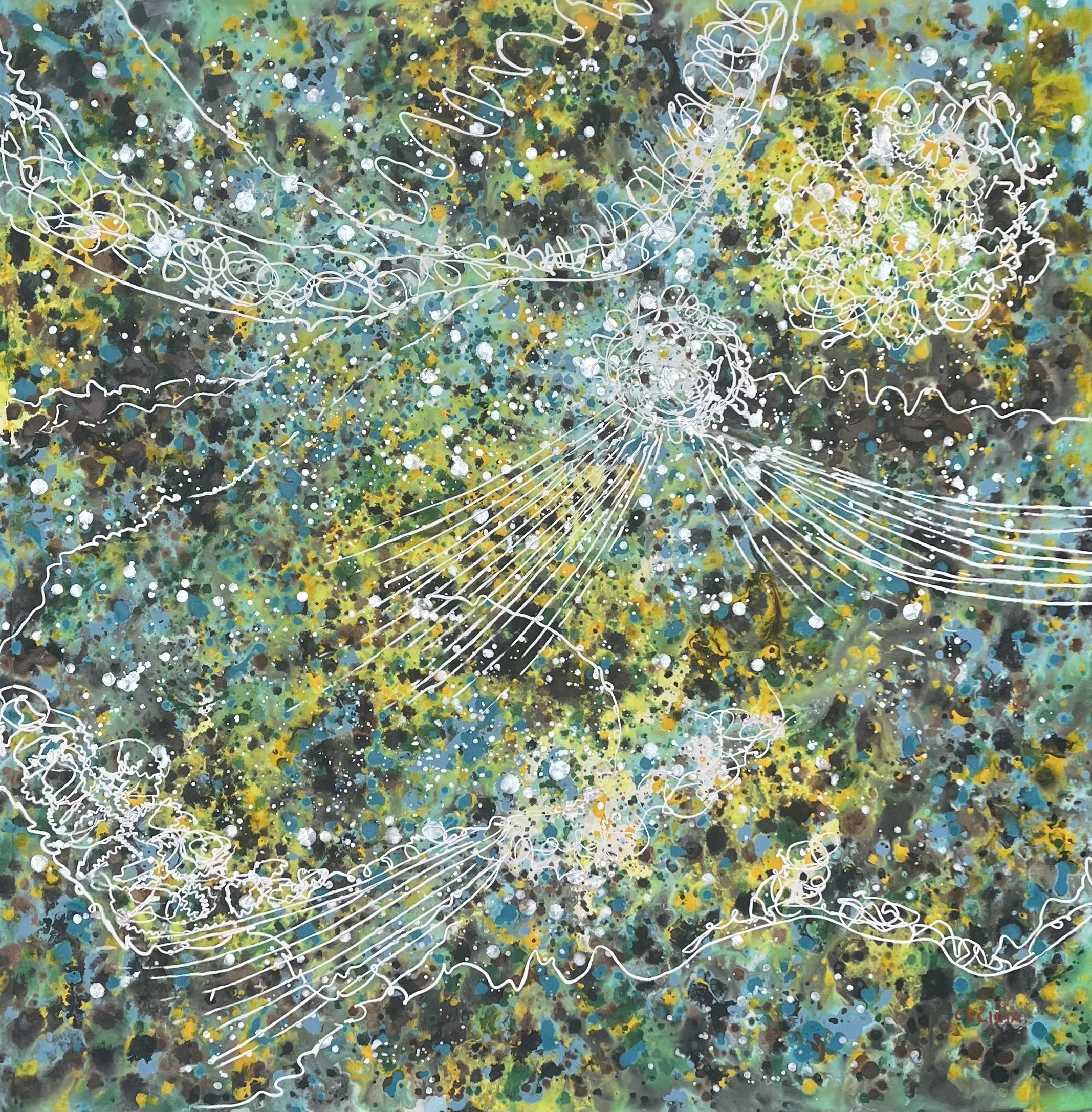 Tidal palimpset: Acrylic and mixed media on Hanji mounted on canvas, 30"x30"