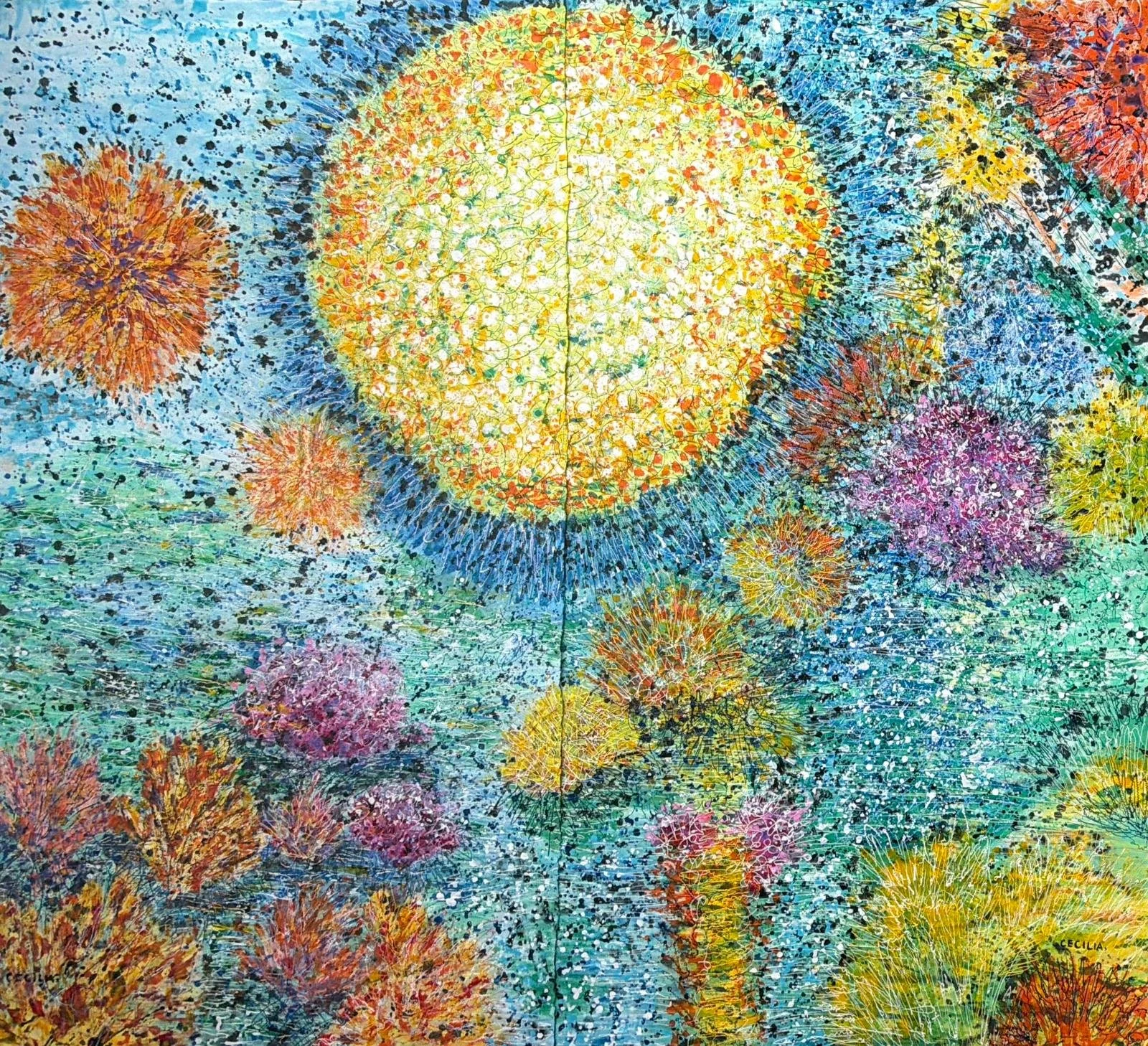 Solar Field of Luminous Convergence: 62" x 57" , Acrylic with Mixed Media on Hanji