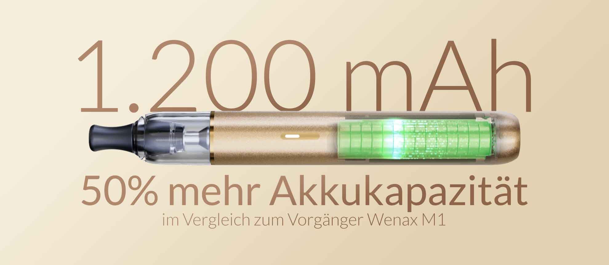Querschnitt der Wenax M2 mit sichtbarem Akku und Infotext zur Akkukapazität