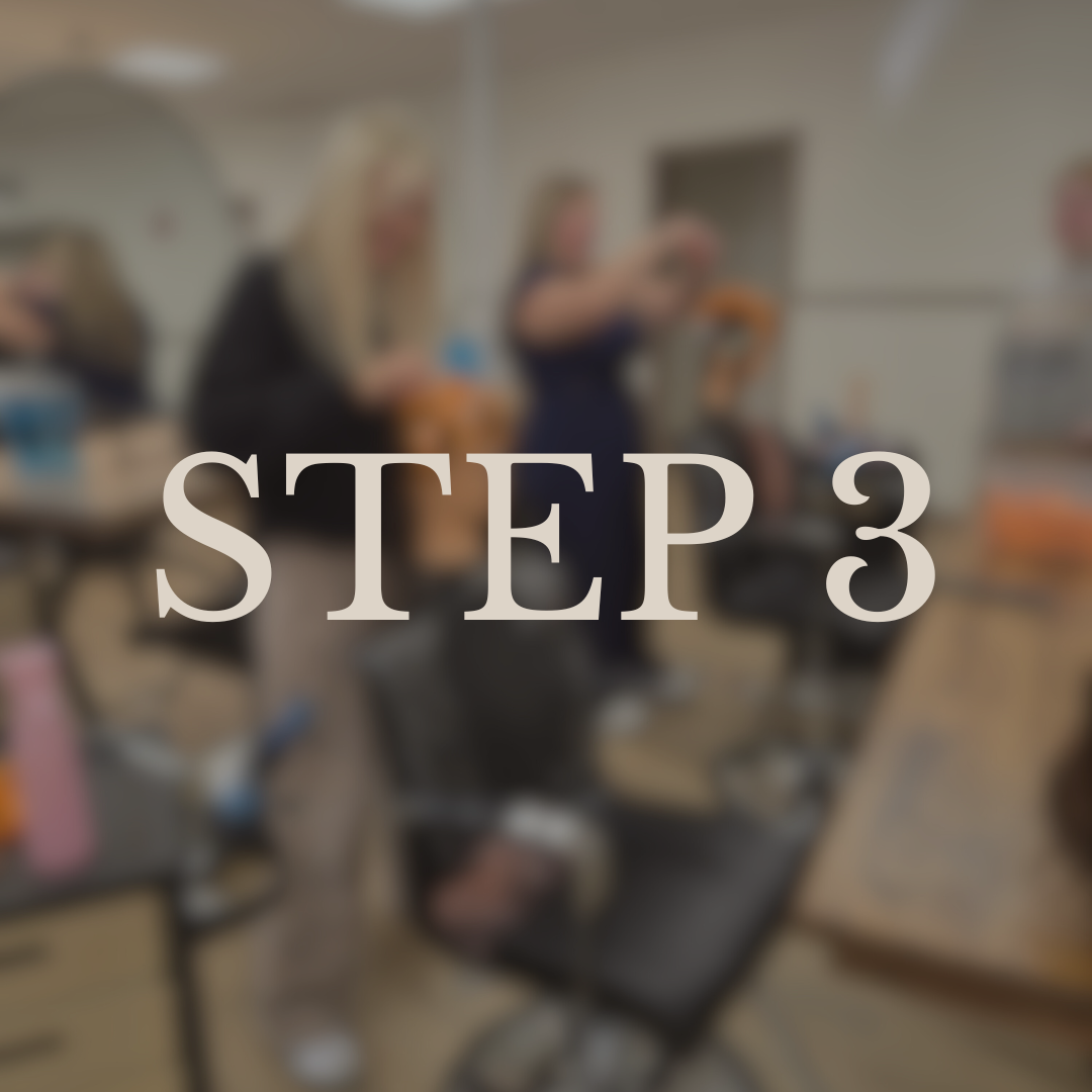 A blurry photo of people working at hair stations in a salon with a large mirror and salon chairs, with the text 'STEP 3' overlaid.