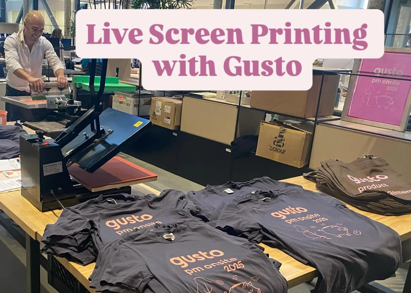 Comment "live printing" to get more info!

Celebrating milestones, one print at a time! 🎉 We recently partnered with Gusto, a San Francisco based tech company, for their product management onsite event. They designed the artwork for both t