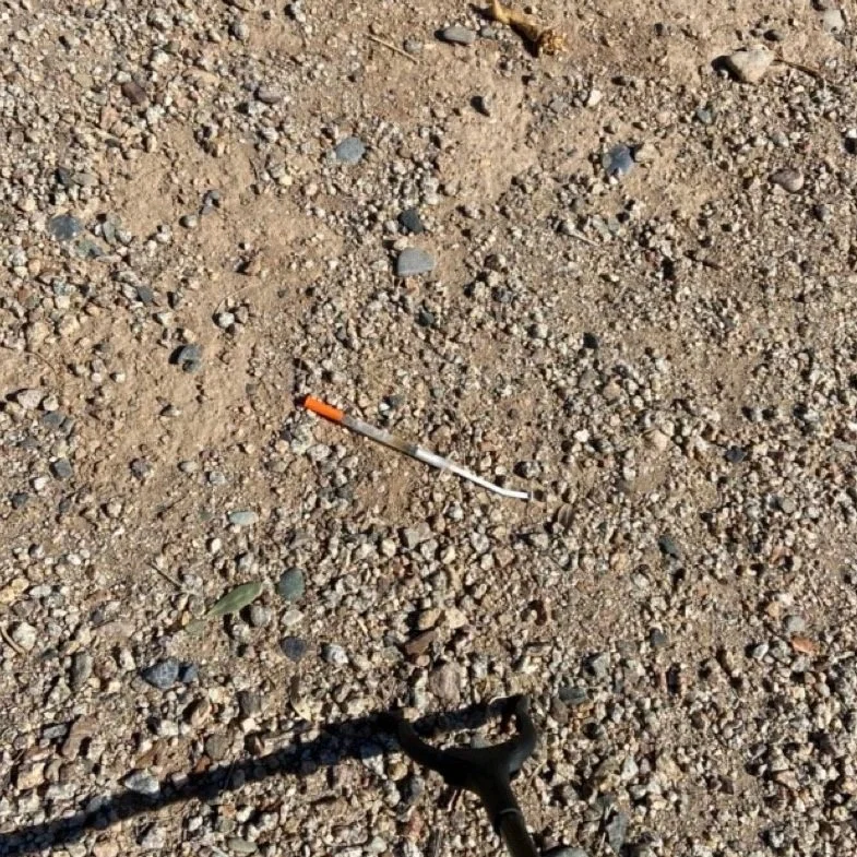 An obviously used needle discarded on the ground in a City of Phoenix park.