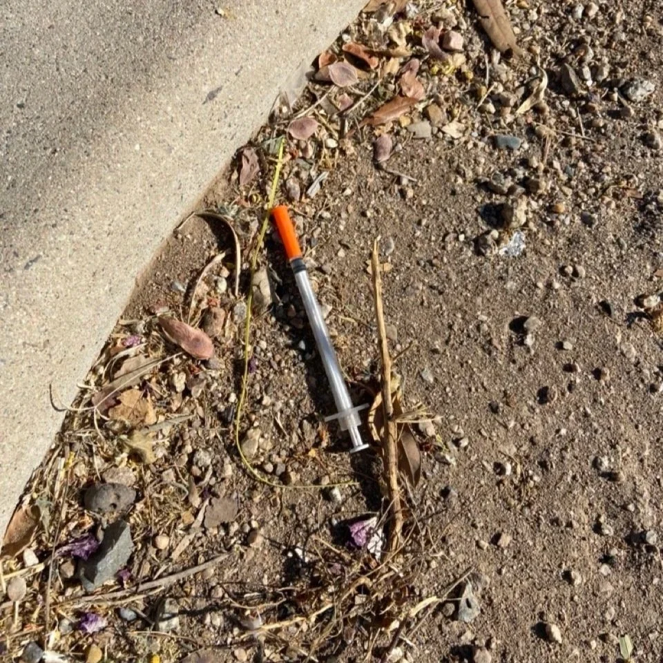 An apparently unused needle discarded on the ground in a City of Phoenix park.