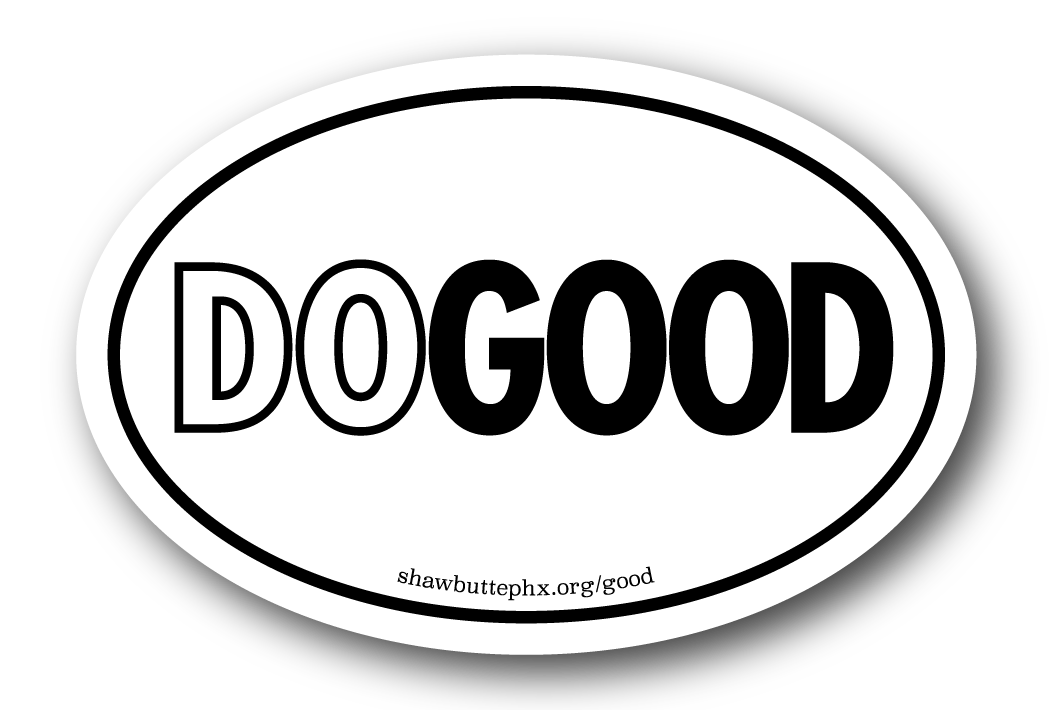 white oval shaped "DO GOOD" sticker in the style of a euro bumper sticker
