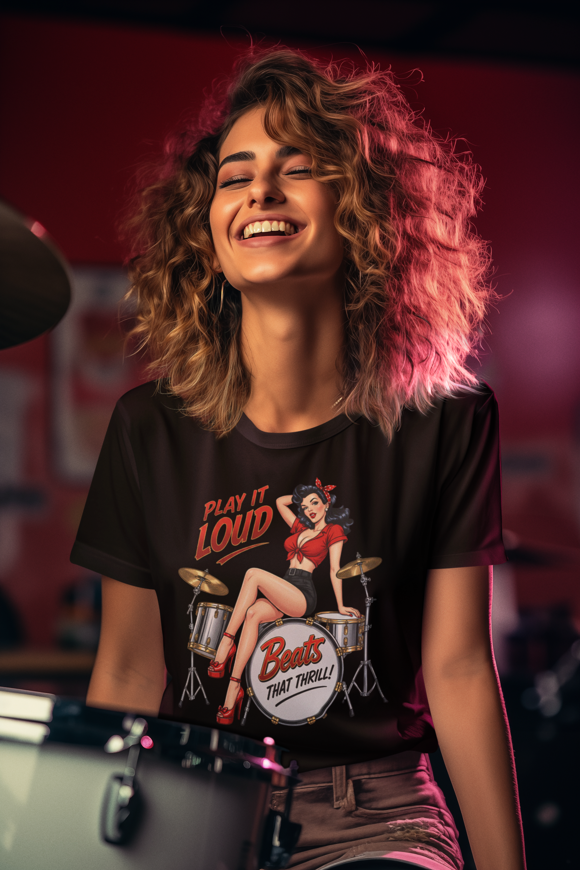 t-shirt-mockup-featuring-an-ai-created-joyful-woman-playing-the-drums-m40342.png