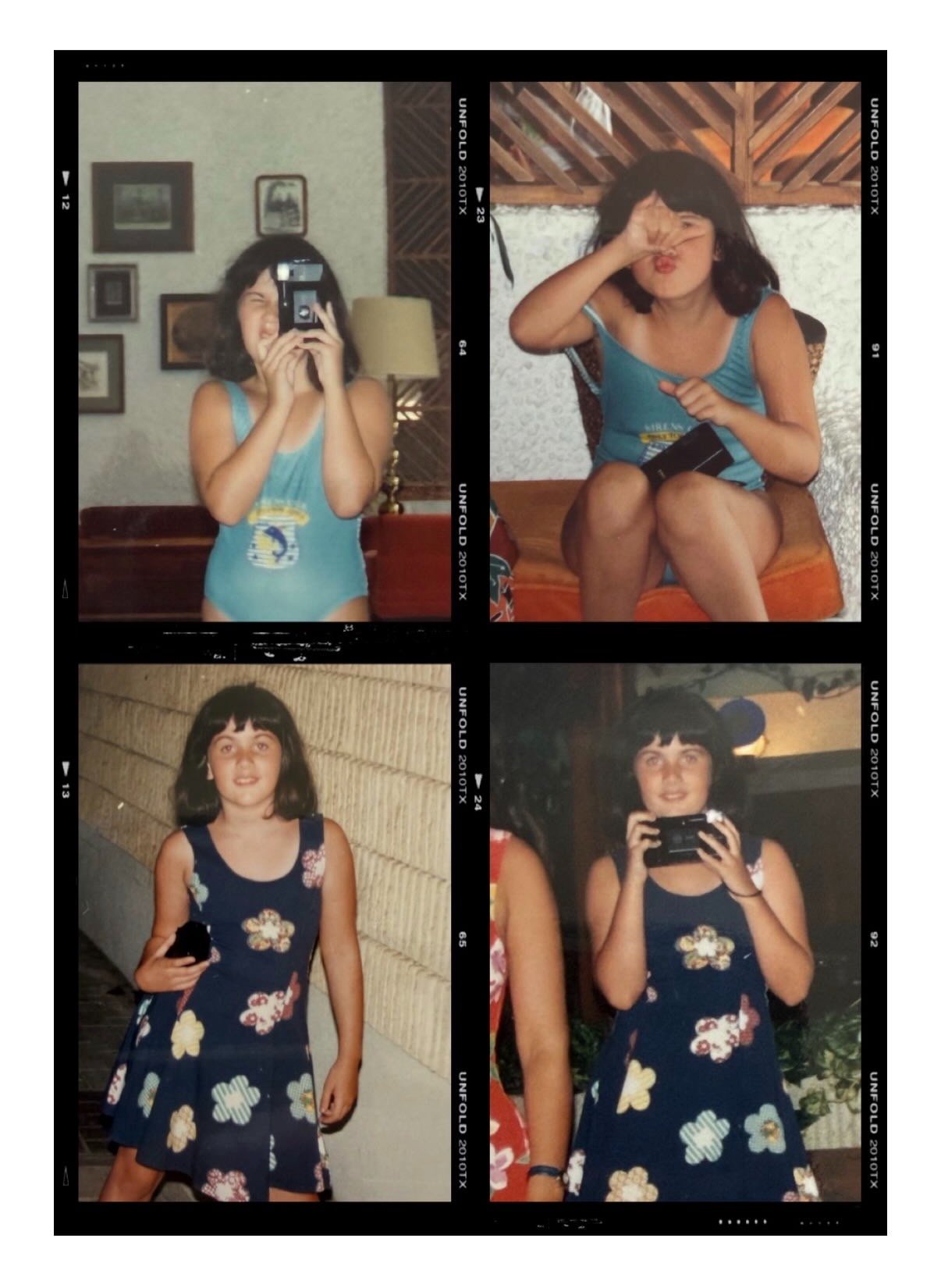A collage of four old photos of a young girl with dark hair, wearing different outfits and posing in various settings.