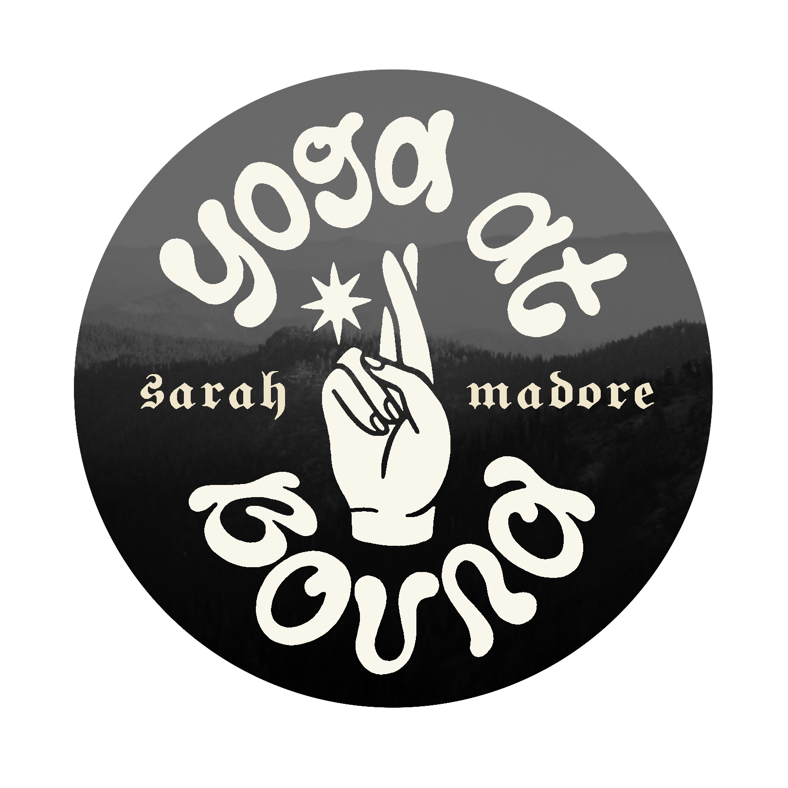 Black and white photo of mountains with "Yoga at Bound", "Sarah Madore", and an illustration of a star and hand with index and middle fingers crossed