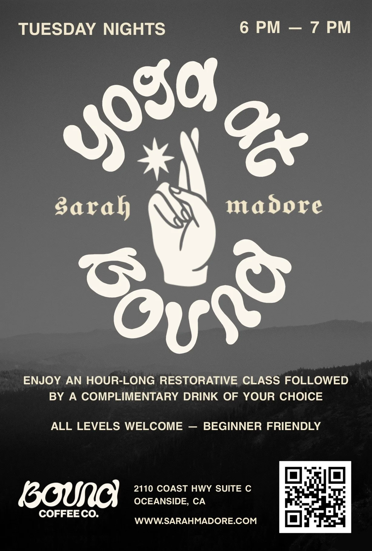Yoga at Bound with Sarah Madore. Tuesday Nights 6pm - 7pm. Enjoy an hour-long restorative class followed by a complimentary drink of your choice. All levels welcome -- beginner friendly. Hosted at 2110 Coast Hwy Suite C, Oceanside, CA