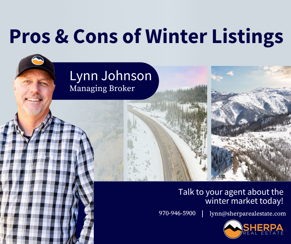 A promotional image for Sherpa Real Estate featuring a real estate agent named Lynn Johnson with a snowy mountain landscape and a snow-covered road in the background. The text discusses the pros and cons of winter listings.