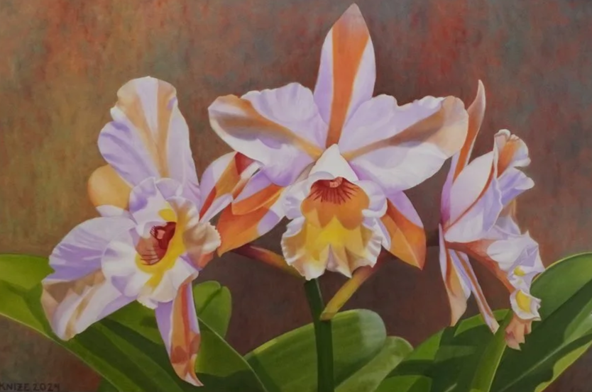 Three flowers, their colors are light purple, orange, and yellow. The flowers are surrounded by flora, and contains a multi-colored background.