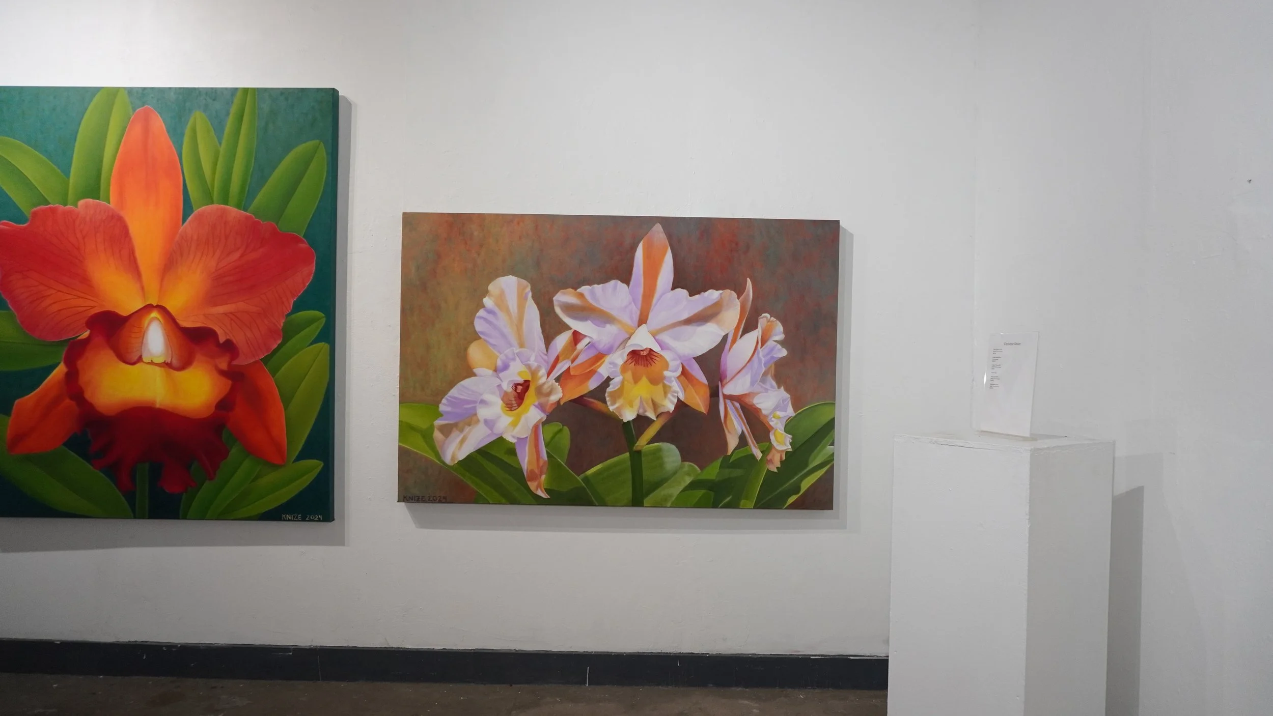 Three flowers, their colors are light purple, orange, and yellow. The flowers are surrounded by flora, and contains a multi-colored background.