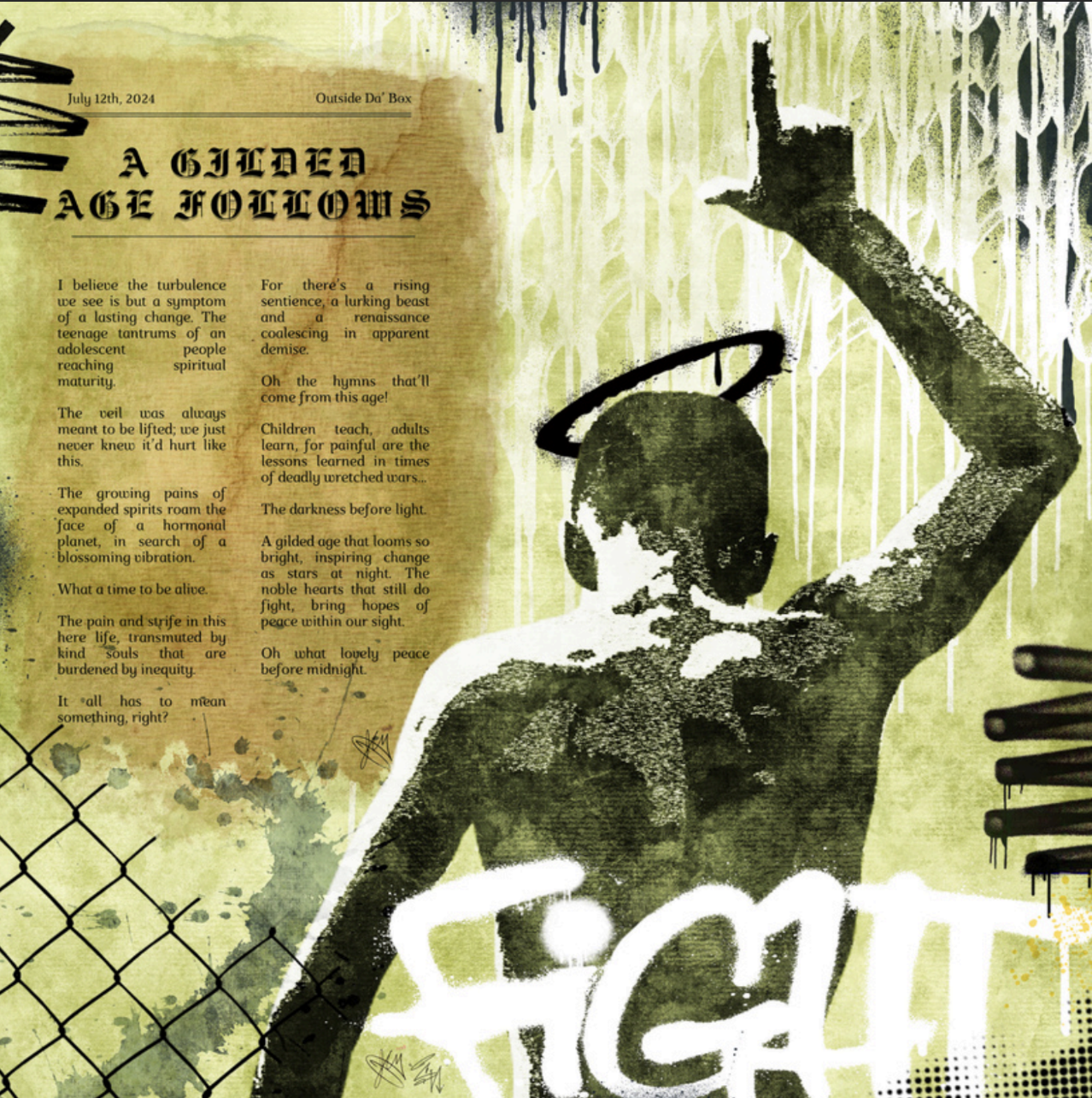 Image of newspaper clipping titled, "A GLIDED AGE FOLLOWS". A graffiti style painting of a person with an arm extended, thumb and index finger pointing to the sky. Below painting is the word "Fight" drawn in spray paint-style.