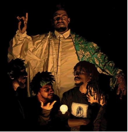5 men standing in a circle around a light blue. One man is standing behind the group with his right hand up, and his pointer finger pointing up. 