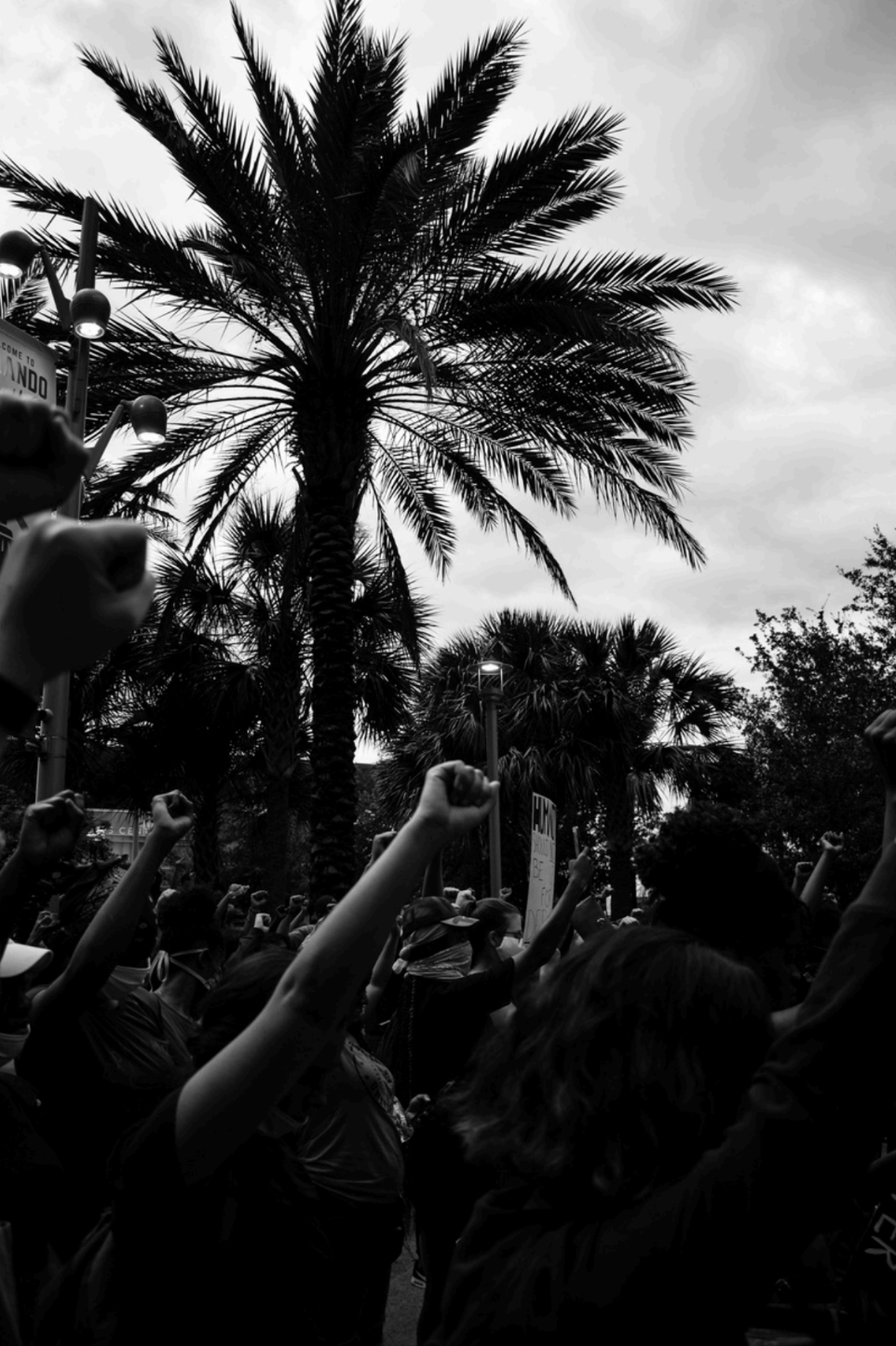 Black and White photo of group of people at protest with fists held up