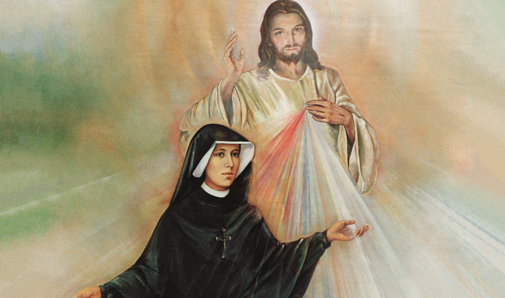 Religious artwork showing Jesus Christ with a raised hand and a sacred heart, and a nun in a black habit with a white collar gesturing with her hand, set against a colorful background.
